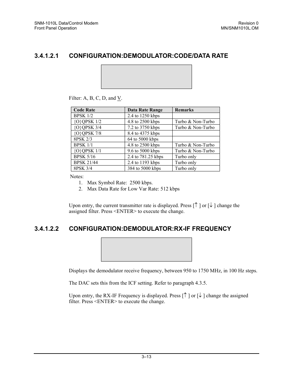 Configuration:demodulator:code/data rate, Configuration:demodulator:rx-if frequency, 1 configuration:demodulator:code/data rate | 2 configuration:demodulator:rx-if frequency | Comtech EF Data SNM-1010L User Manual | Page 61 / 266