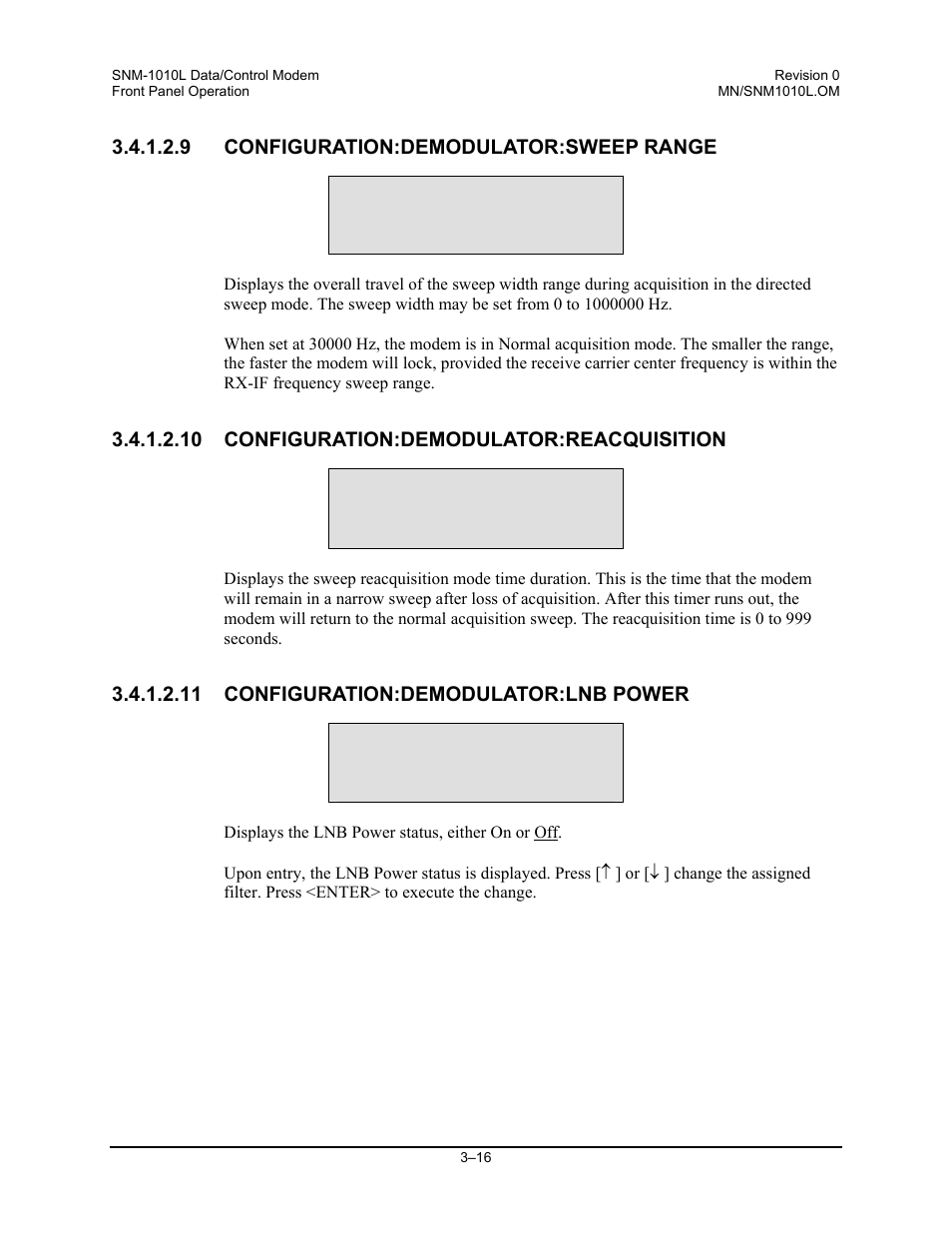 Configuration:demodulator:sweep range, Configuration:demodulator:reacquisition, Configuration:demodulator:lnb power | Comtech EF Data SNM-1010L User Manual | Page 64 / 266