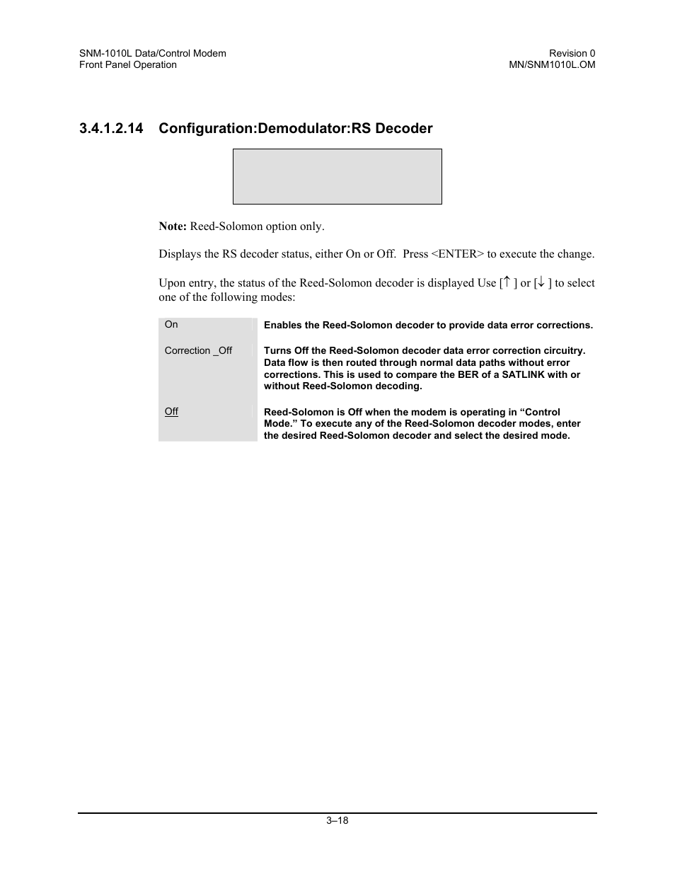 Configuration:demodulator:rs decoder, 14 configuration:demodulator:rs decoder | Comtech EF Data SNM-1010L User Manual | Page 66 / 266