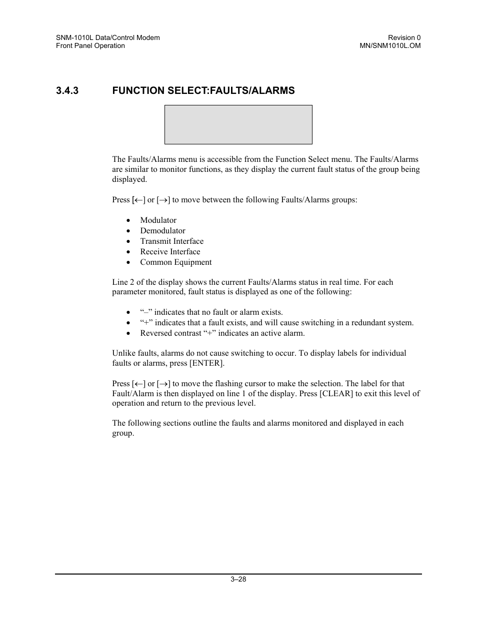 Function select:faults/alarms | Comtech EF Data SNM-1010L User Manual | Page 76 / 266