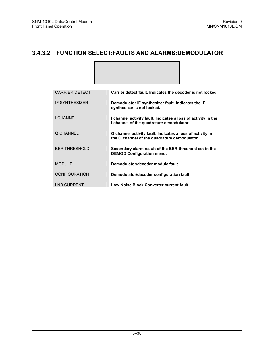 Function select:faults and alarms:demodulator, 2 function select:faults and alarms:demodulator | Comtech EF Data SNM-1010L User Manual | Page 78 / 266