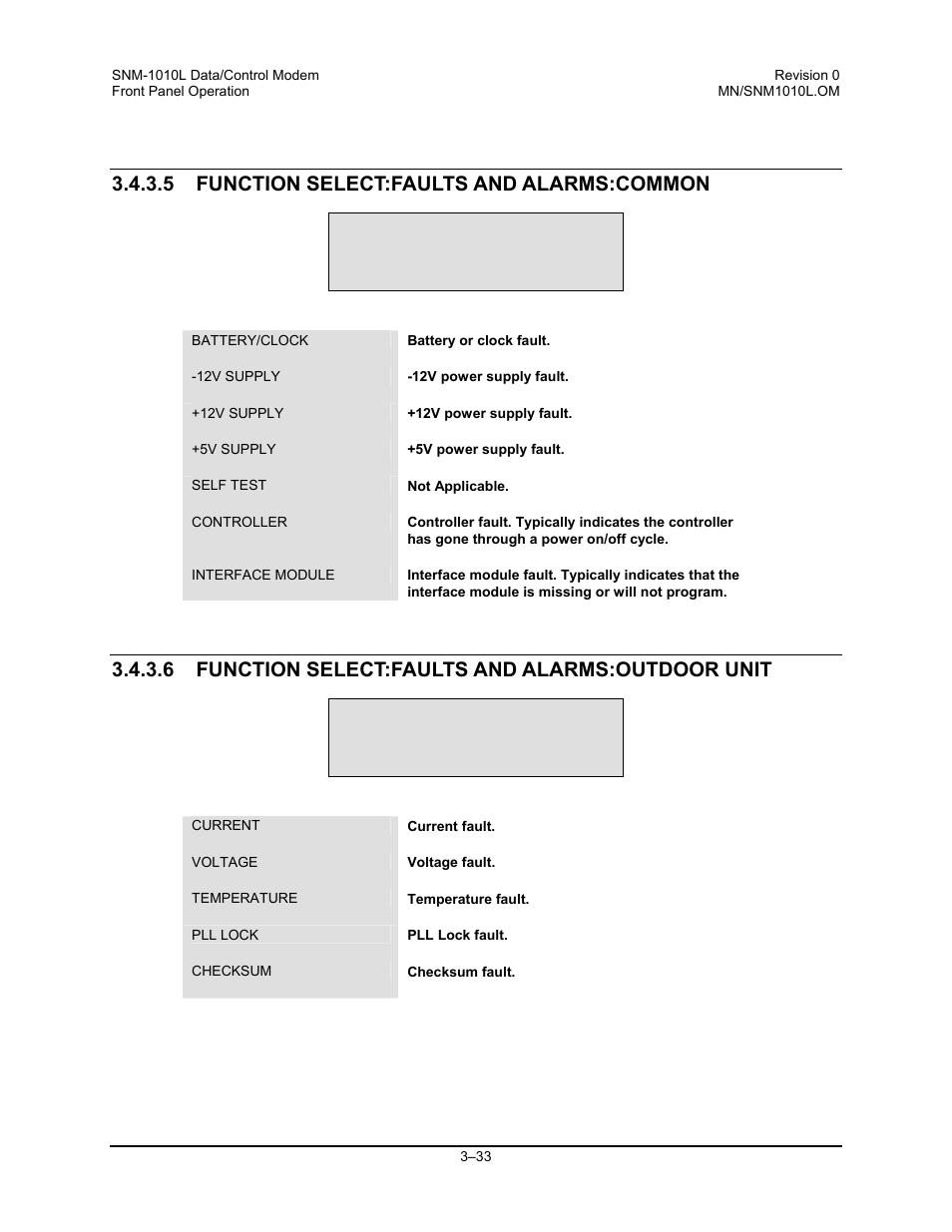 Function select:faults and alarms:common, Function select:faults and alarms:outdoor unit, 5 function select:faults and alarms:common | 6 function select:faults and alarms:outdoor unit | Comtech EF Data SNM-1010L User Manual | Page 81 / 266