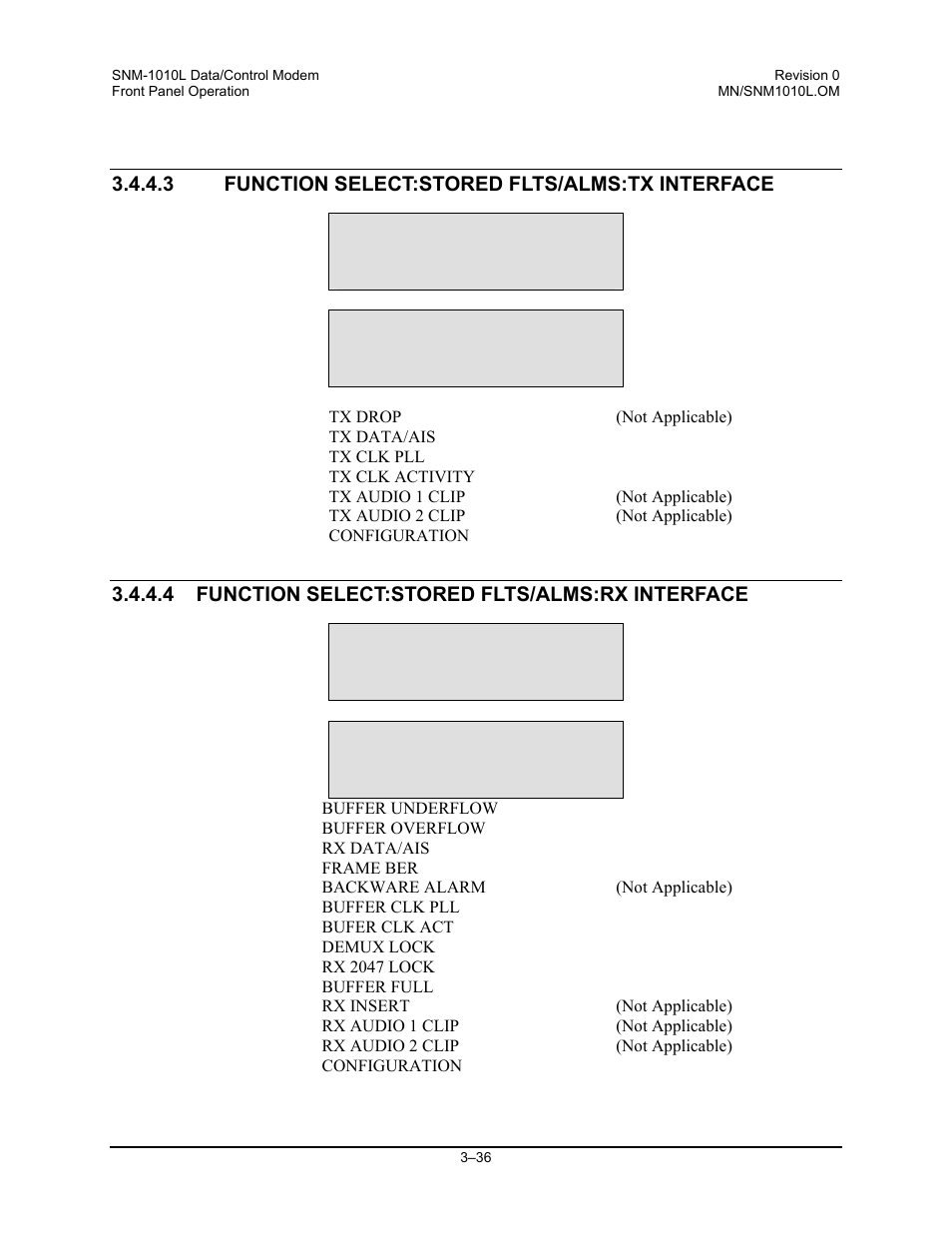 Function select:stored flts/alms:tx interface, Function select:stored flts/alms:rx interface | Comtech EF Data SNM-1010L User Manual | Page 84 / 266