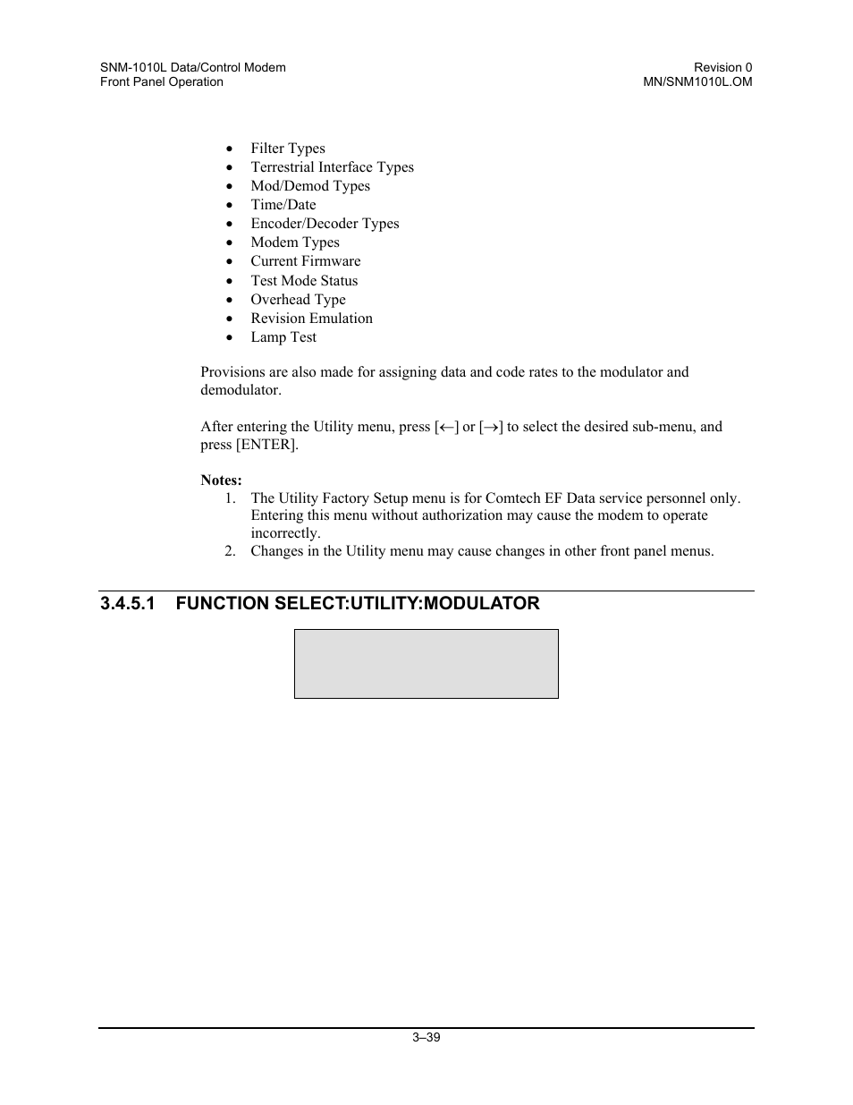 Function select:utility:modulator | Comtech EF Data SNM-1010L User Manual | Page 87 / 266