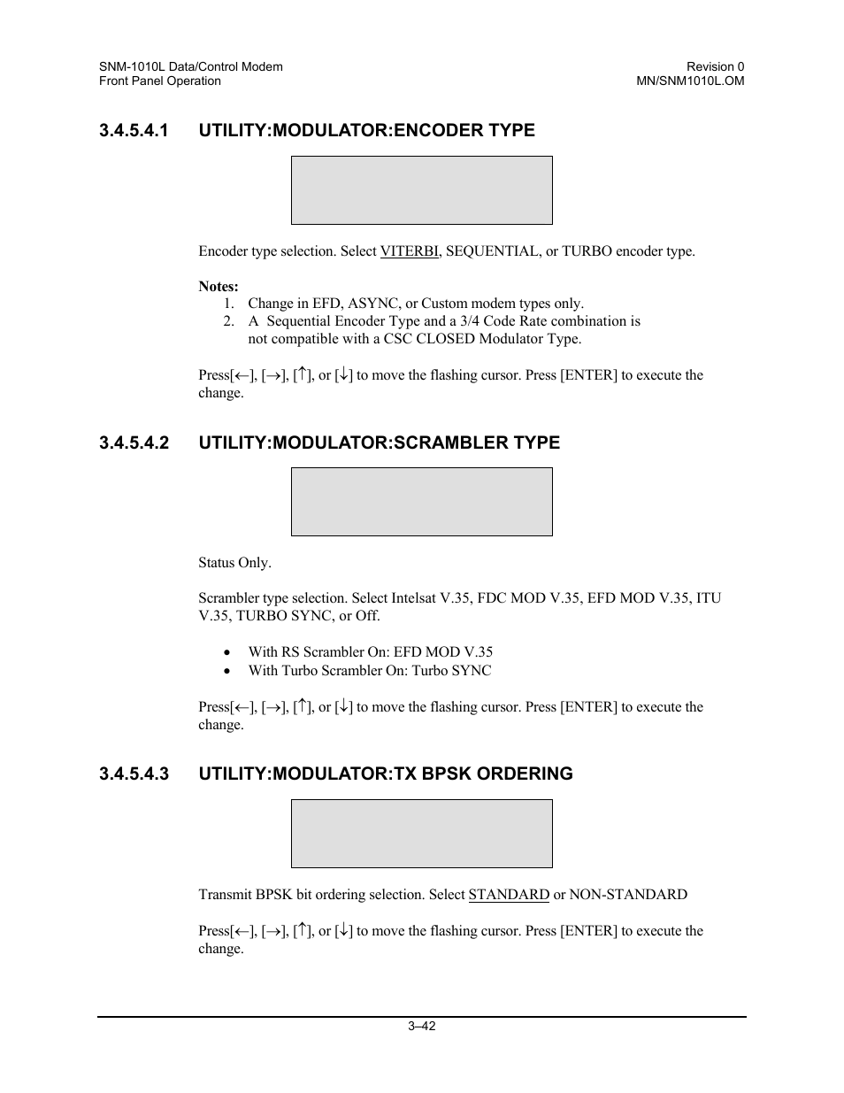 Utility:modulator:encoder type, Utility:modulator:scrambler type, Utility:modulator:tx bpsk ordering | Comtech EF Data SNM-1010L User Manual | Page 90 / 266