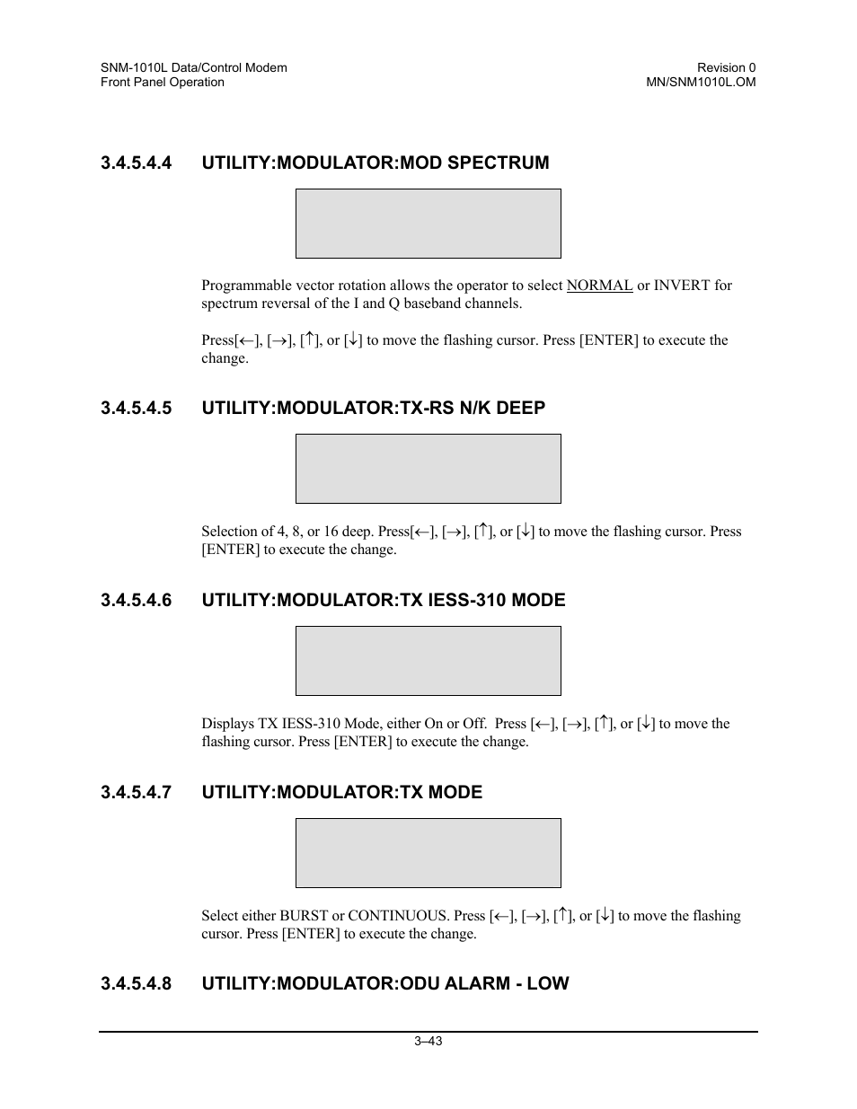 Utility:modulator:mod spectrum, Utility:modulator:tx-rs n/k deep, Utility:modulator:tx iess-310 mode | Utility:modulator:tx mode, Utility:modulator:odu alarm - low | Comtech EF Data SNM-1010L User Manual | Page 91 / 266