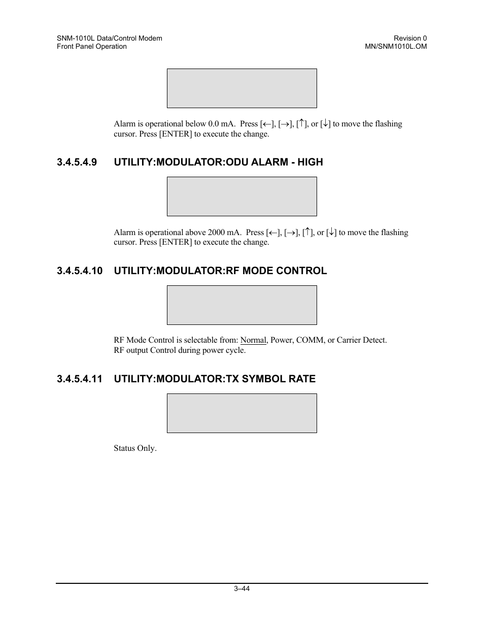 Utility:modulator:odu alarm - high, Utility:modulator:rf mode control, Utility:modulator:tx symbol rate | Comtech EF Data SNM-1010L User Manual | Page 92 / 266