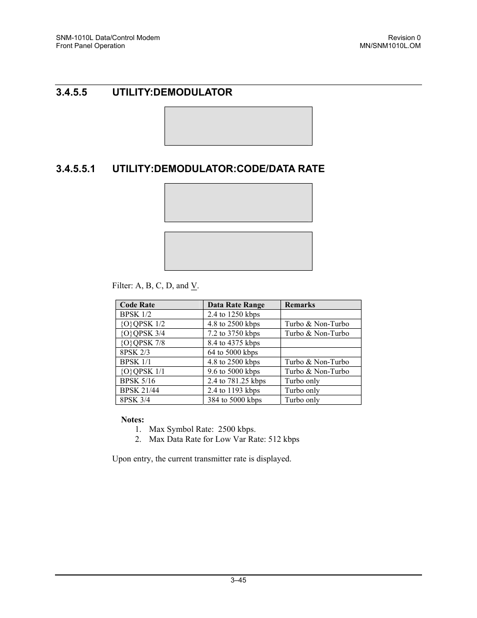 Utility:demodulator, Utility:demodulator:code/data rate, 5 utility:demodulator | 1 utility:demodulator:code/data rate | Comtech EF Data SNM-1010L User Manual | Page 93 / 266