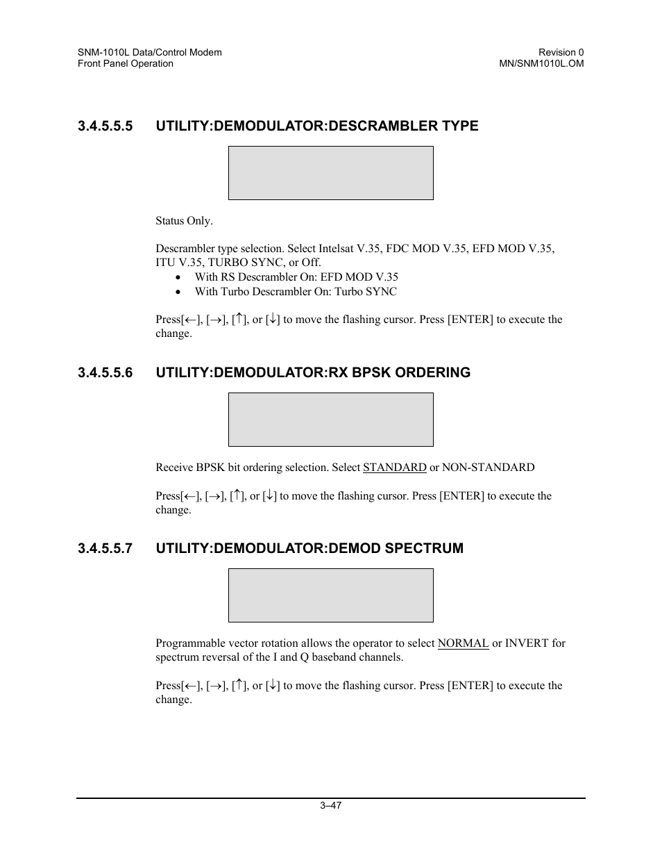 Utility:demodulator:descrambler type, Utility:demodulator:rx bpsk ordering, Utility:demodulator:demod spectrum | Comtech EF Data SNM-1010L User Manual | Page 95 / 266