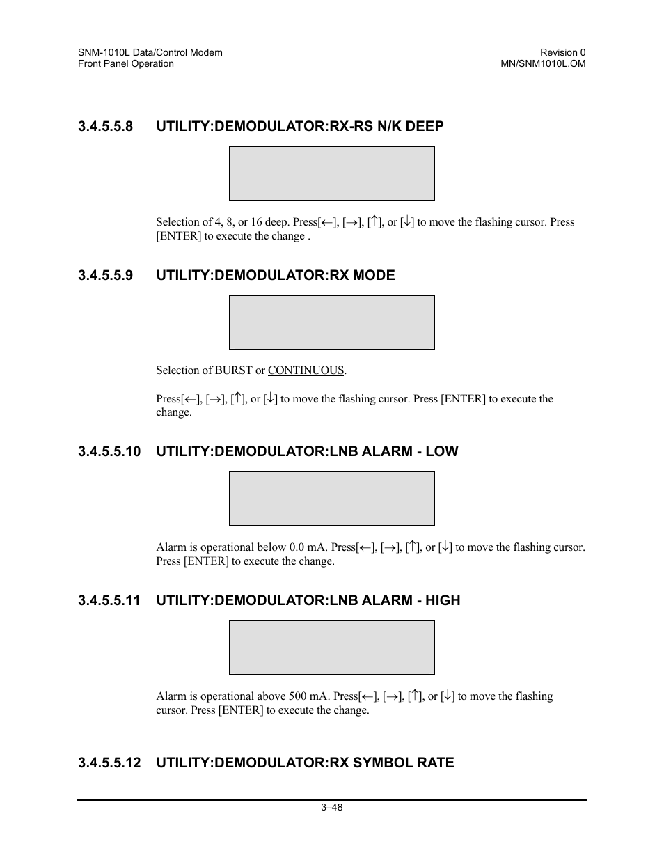 Utility:demodulator:rx-rs n/k deep, Utility:demodulator:rx mode, Utility:demodulator:lnb alarm - low | Utility:demodulator:lnb alarm - high, Utility:demodulator:rx symbol rate | Comtech EF Data SNM-1010L User Manual | Page 96 / 266