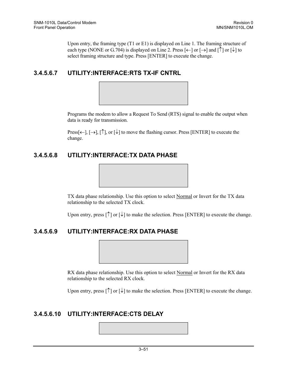 Utility:interface:rts tx-if cntrl, Utility:interface:tx data phase, Utility:interface:rx data phase | Utility:interface:cts delay, Utility:network | Comtech EF Data SNM-1010L User Manual | Page 99 / 266