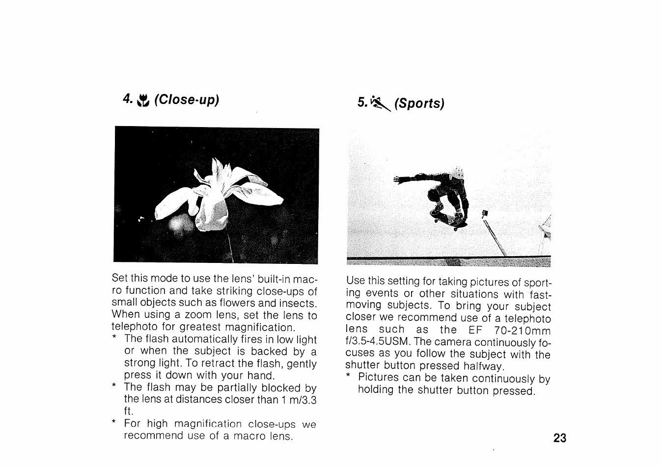 Focus lock, Shutter button action and focusing | Canon EOS 100 User Manual | Page 23 / 34