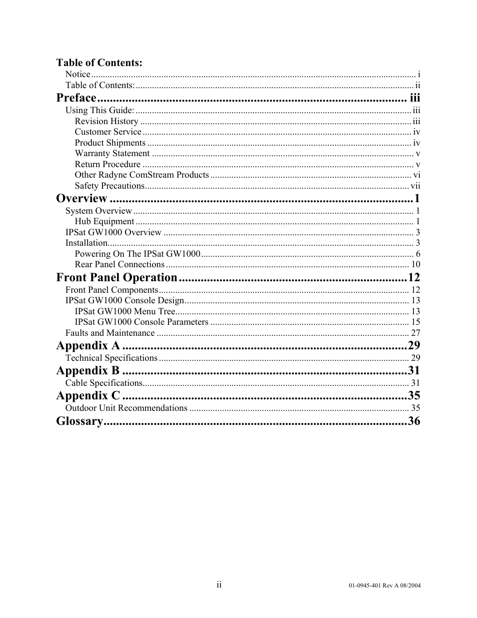 Overview, Front panel operation, Appendix a | Appendix b, Appendix c, Glossary | Comtech EF Data IPSat GW1000 User Manual | Page 3 / 51