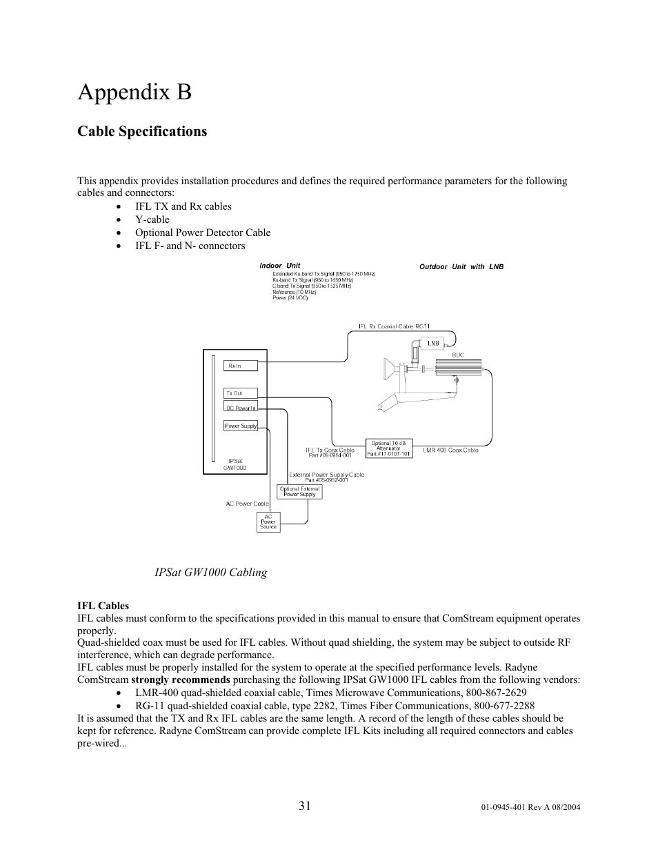 Appendix b, Cable specifications | Comtech EF Data IPSat GW1000 User Manual | Page 41 / 51