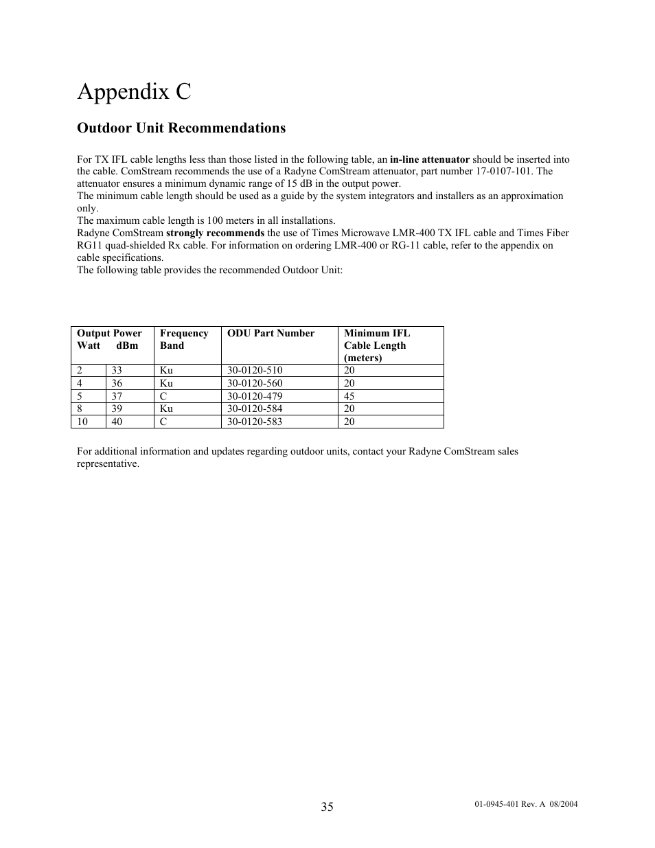 Appendix c, Outdoor unit recommendations | Comtech EF Data IPSat GW1000 User Manual | Page 45 / 51