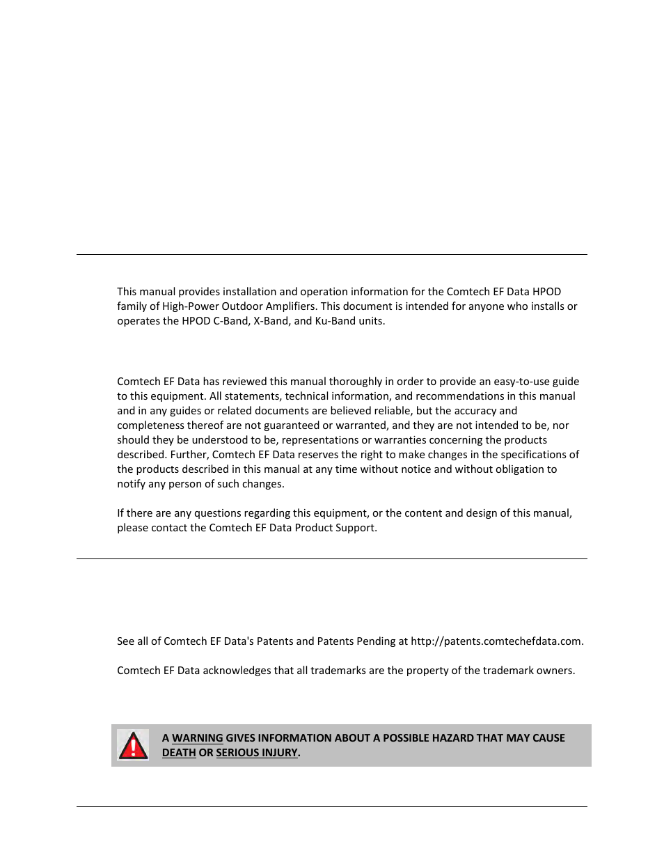 Preface, About this manual, Disclaimer | Conventions and references, Patents and trademarks, Warnings, cautions, and notes | Comtech EF Data HPOD User Manual | Page 13 / 150