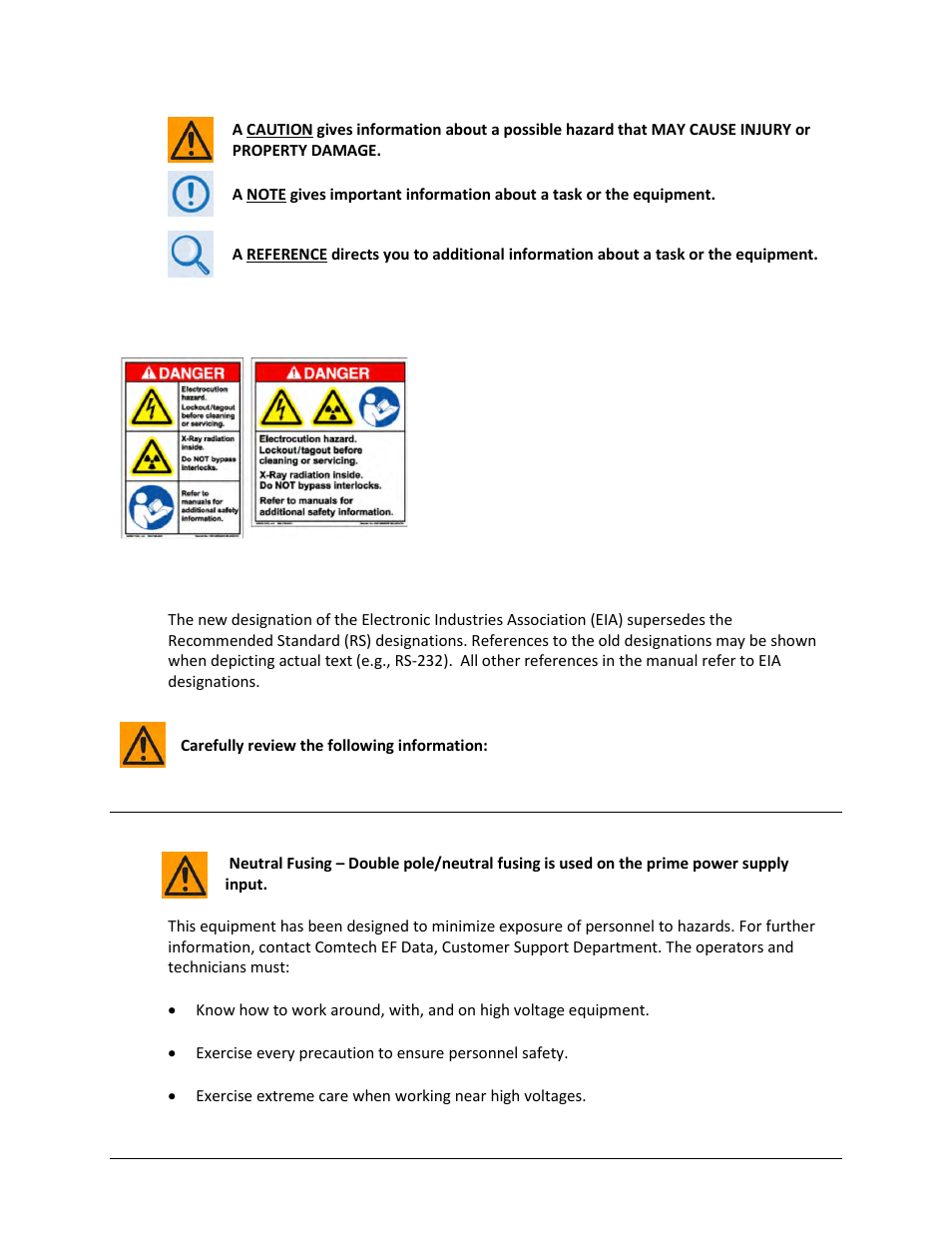 Examples of multi-hazard notices, Recommended standard designations, Electrical safety notice | Comtech EF Data HPOD User Manual | Page 14 / 150