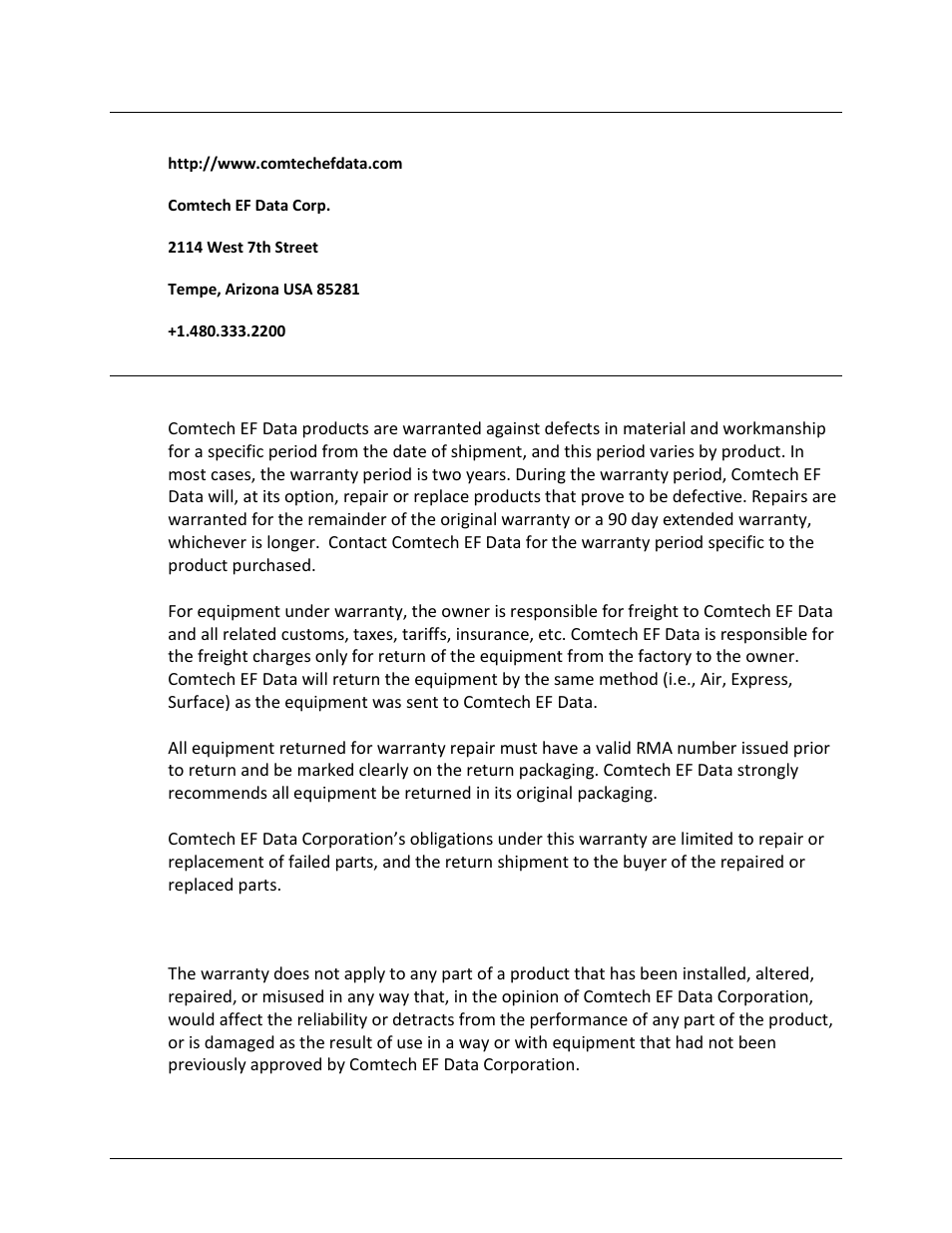 Comtech ef data headquarters, Warranty policy, Limitations of warranty | Comtech EF Data HPOD User Manual | Page 16 / 150