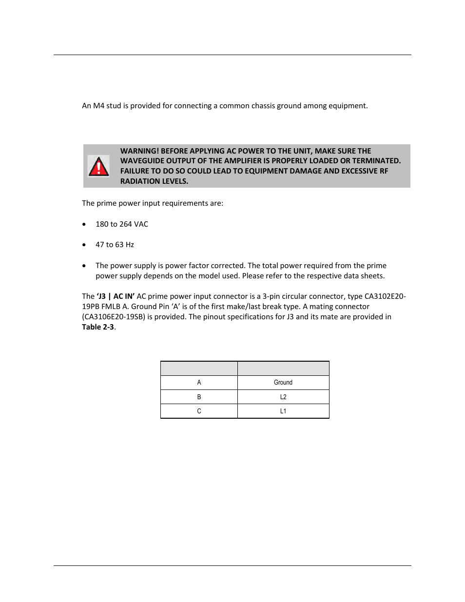 4 ground and power connection group, 1 ground connection, 2 ‘j3 | ac in’ connector (ac power main) | Comtech EF Data HPOD User Manual | Page 31 / 150