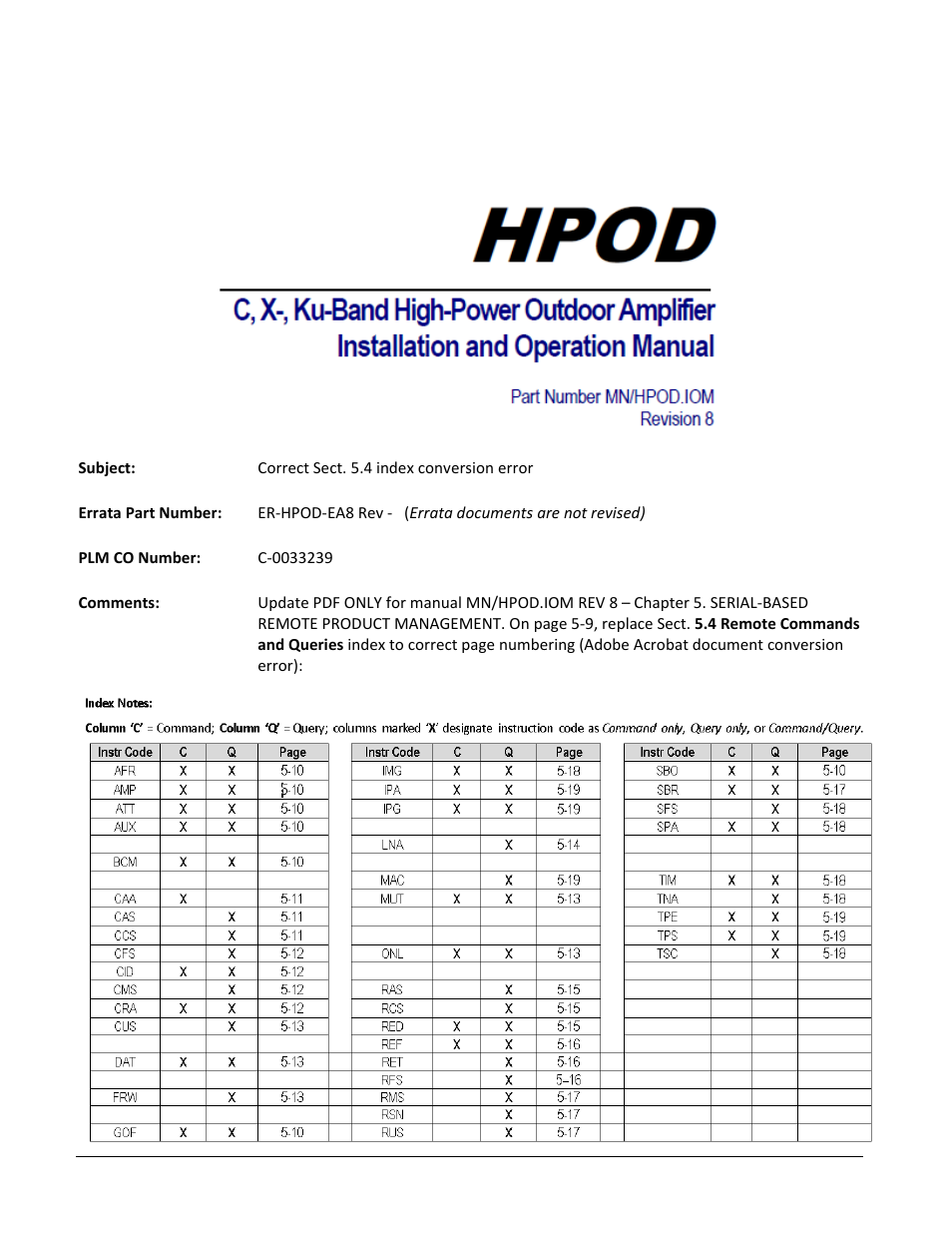 Errata a for mn/hpod.iom rev 8, Comtech ef data documentation update | Comtech EF Data HPOD User Manual | Page 5 / 150