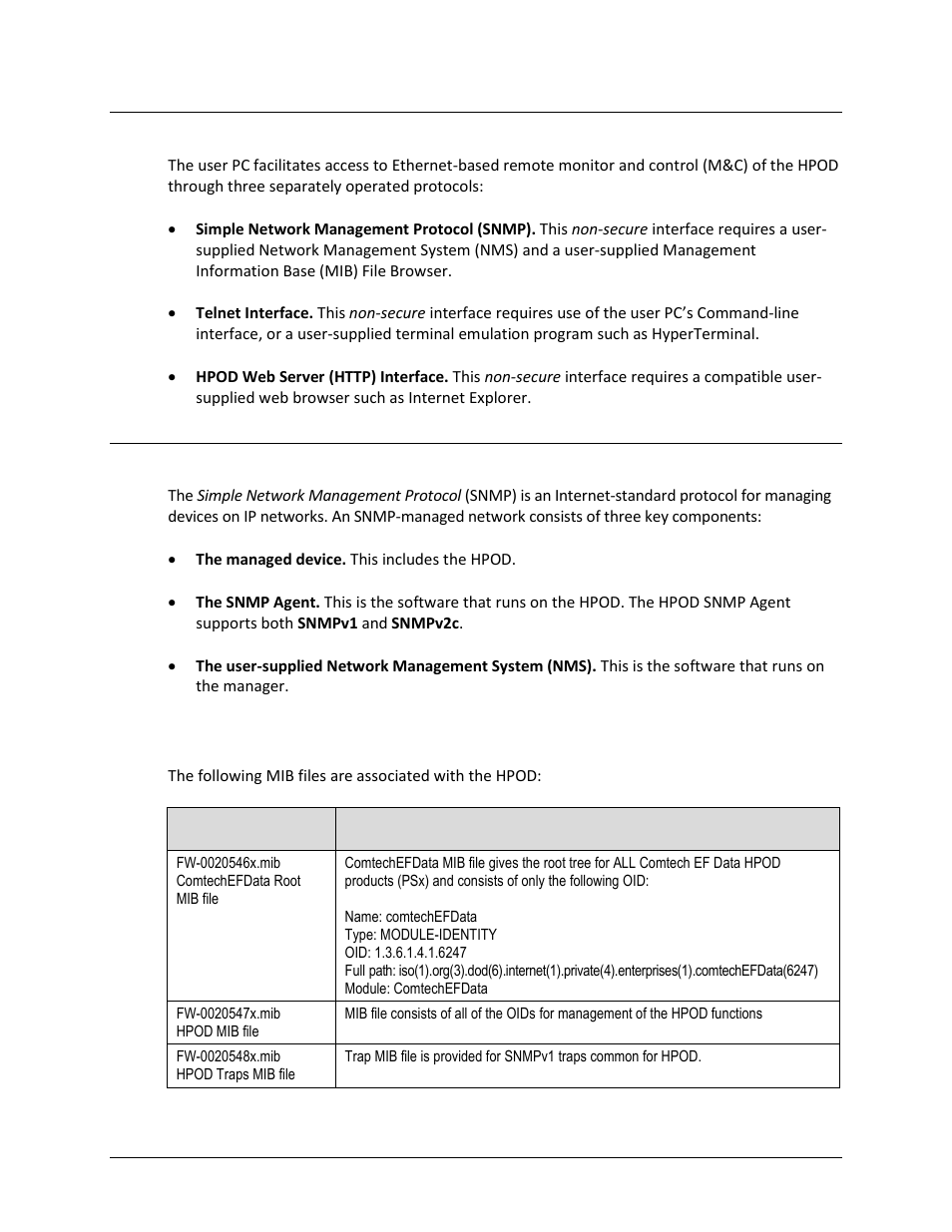 2 ethernet management interface protocols, 3 snmp interface, 1 management information base (mib) files | Comtech EF Data HPOD User Manual | Page 50 / 150