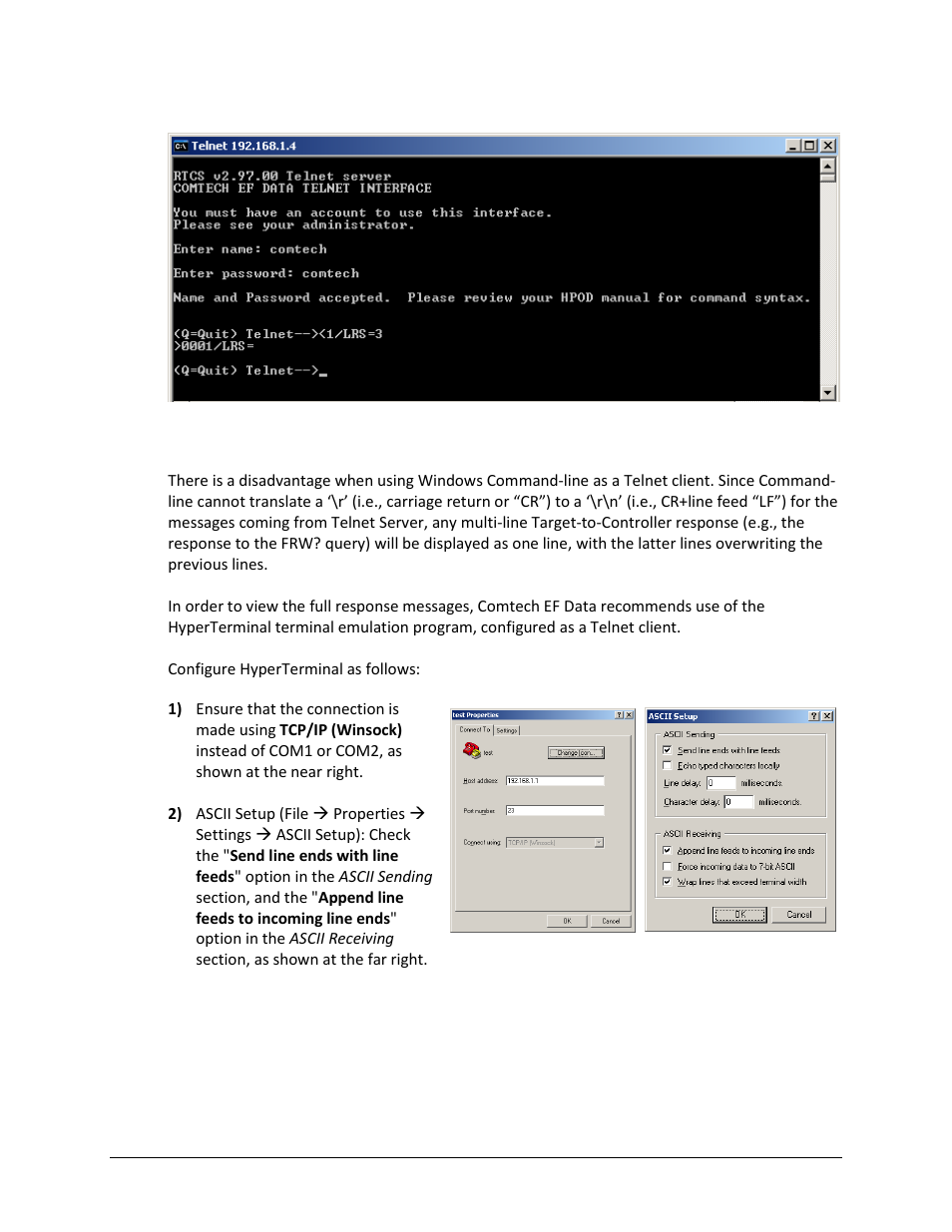 1 telnet operation via hyperterminal | Comtech EF Data HPOD User Manual | Page 53 / 150