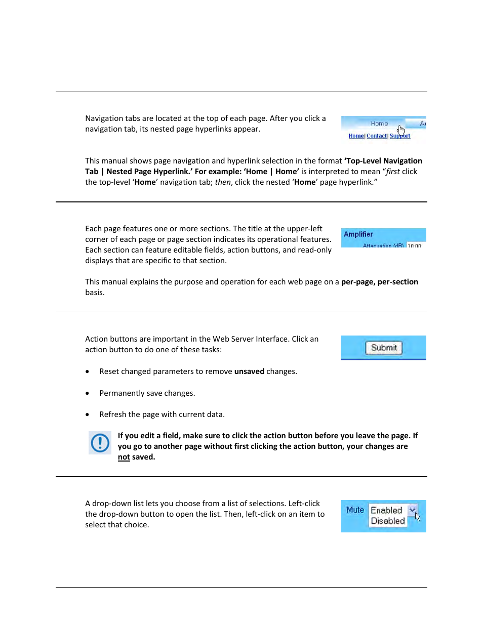 3 web server interface – operational features, 1 navigation, 3 action buttons | 4 drop-down lists | Comtech EF Data HPOD User Manual | Page 57 / 150