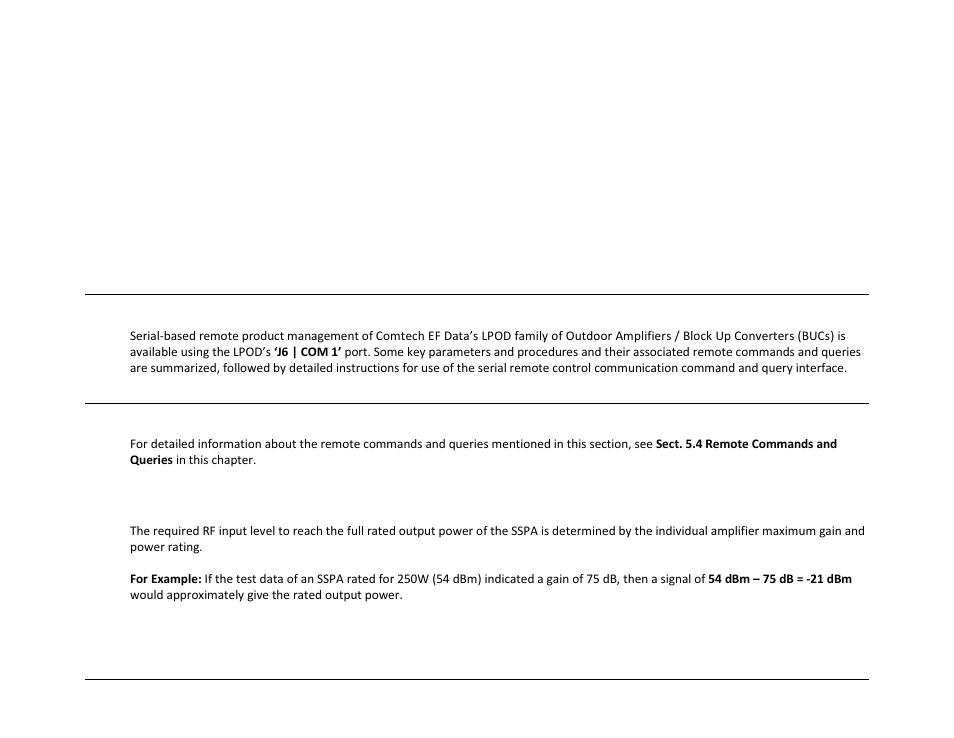Chapter 5. serial-based remote product management, 1 overview, 2 key operational parameters | 1 rf input level | Comtech EF Data LPOD User Manual | Page 101 / 218