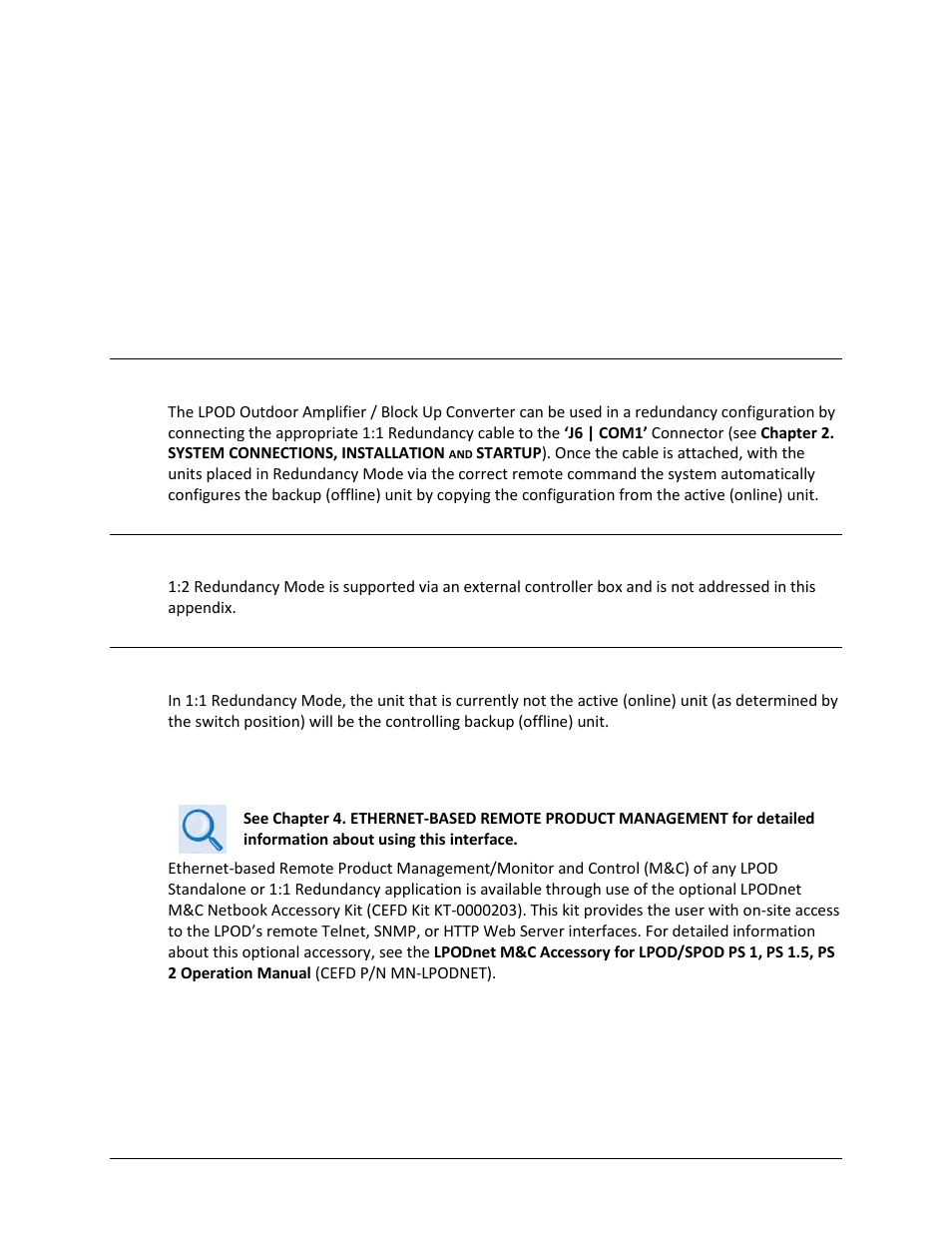 Appendix a. 1:1 redundancy, A.1 lpod redundancy operation overview, A.2 1:2 redundancy mode | A.3 1:1 redundancy mode, A.3.1 ethernet-based monitor and control | Comtech EF Data LPOD User Manual | Page 137 / 218