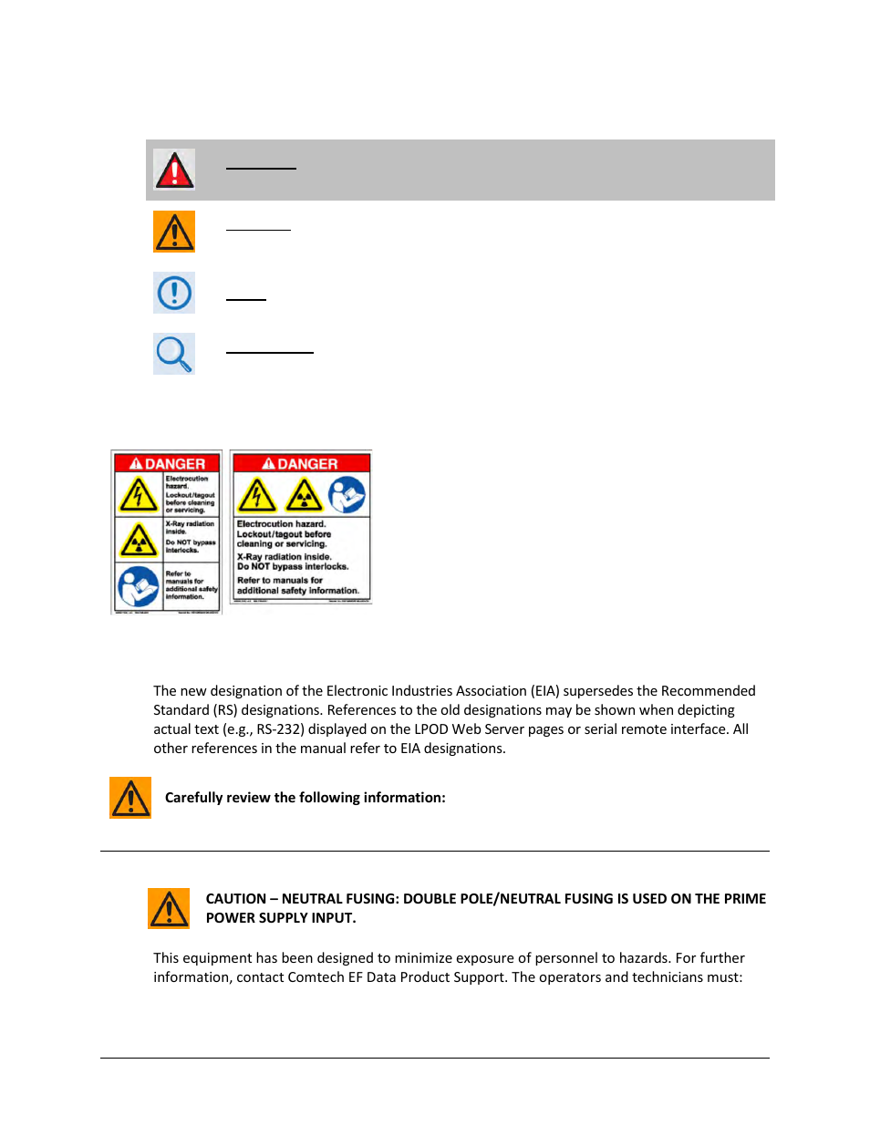 Warnings, cautions, and notes, Examples of multi-hazard notices, Recommended standard designations | Electrical safety notice | Comtech EF Data LPOD User Manual | Page 14 / 218