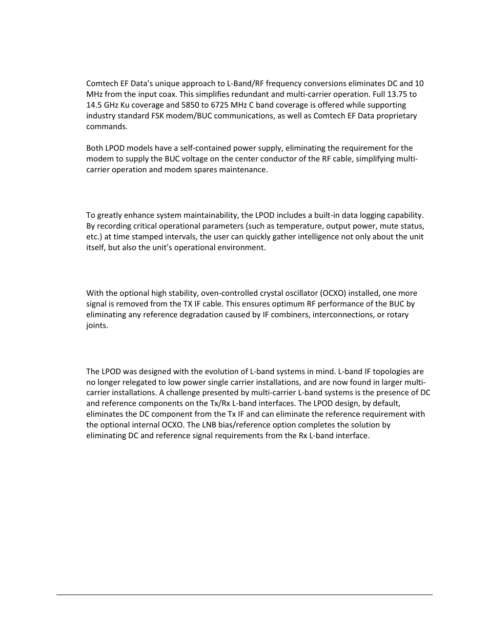 4 “smart buc” functionality, 5 data logging capability, 6 optional internal 10 mhz reference | 7 optional lnb support | Comtech EF Data LPOD User Manual | Page 21 / 218
