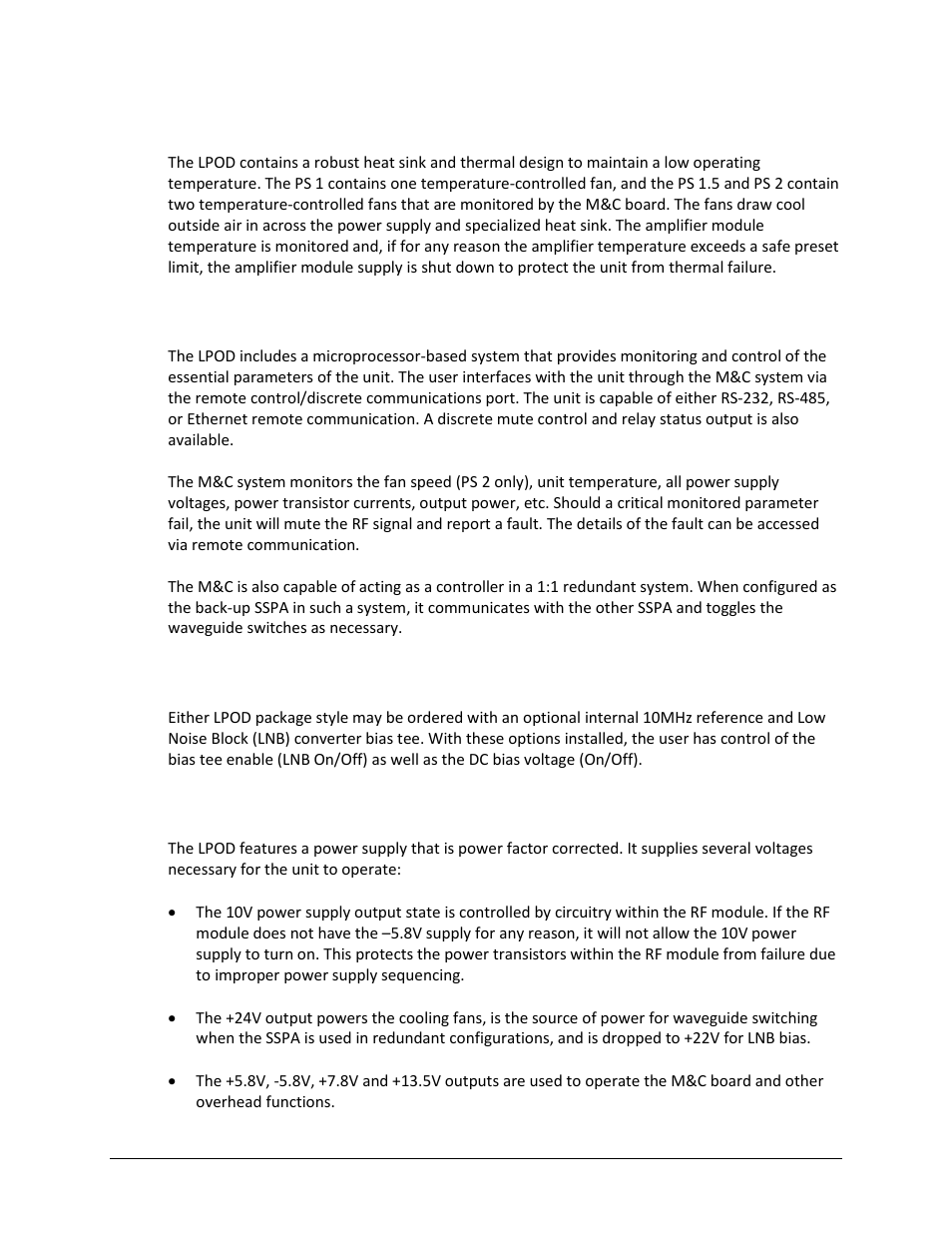 3 cooling system, 4 monitor and control (m&c), 5 lnb operation | 6 power supply | Comtech EF Data LPOD User Manual | Page 24 / 218