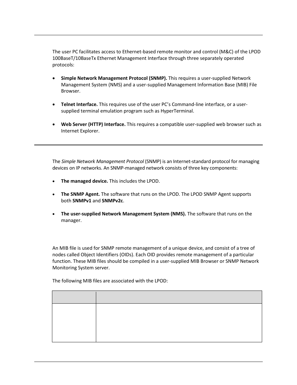 2 ethernet management interface protocols, 3 snmp interface, 1 management information base (mib) files | Comtech EF Data LPOD User Manual | Page 66 / 218