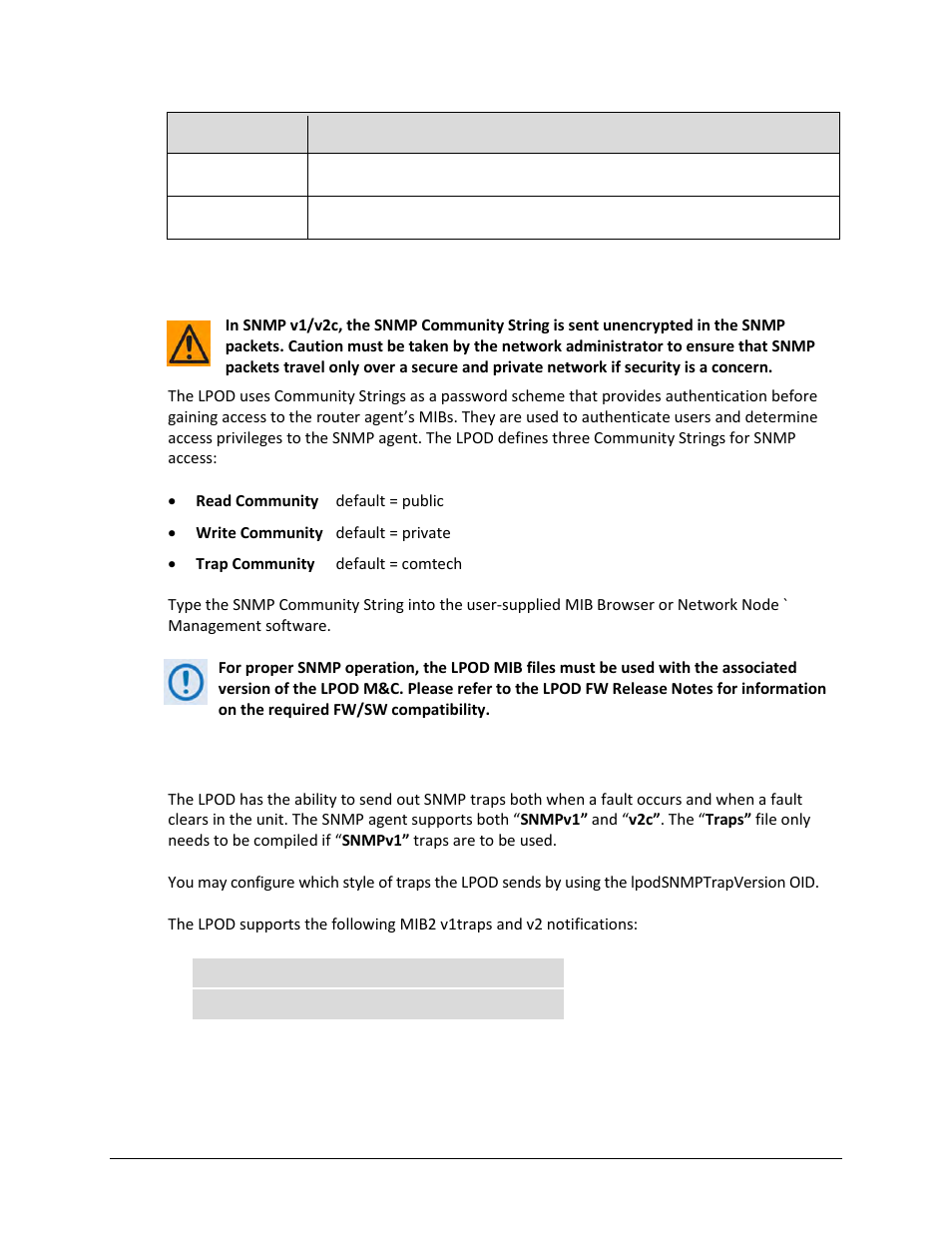 2 snmp community strings, 3 snmp traps | Comtech EF Data LPOD User Manual | Page 67 / 218