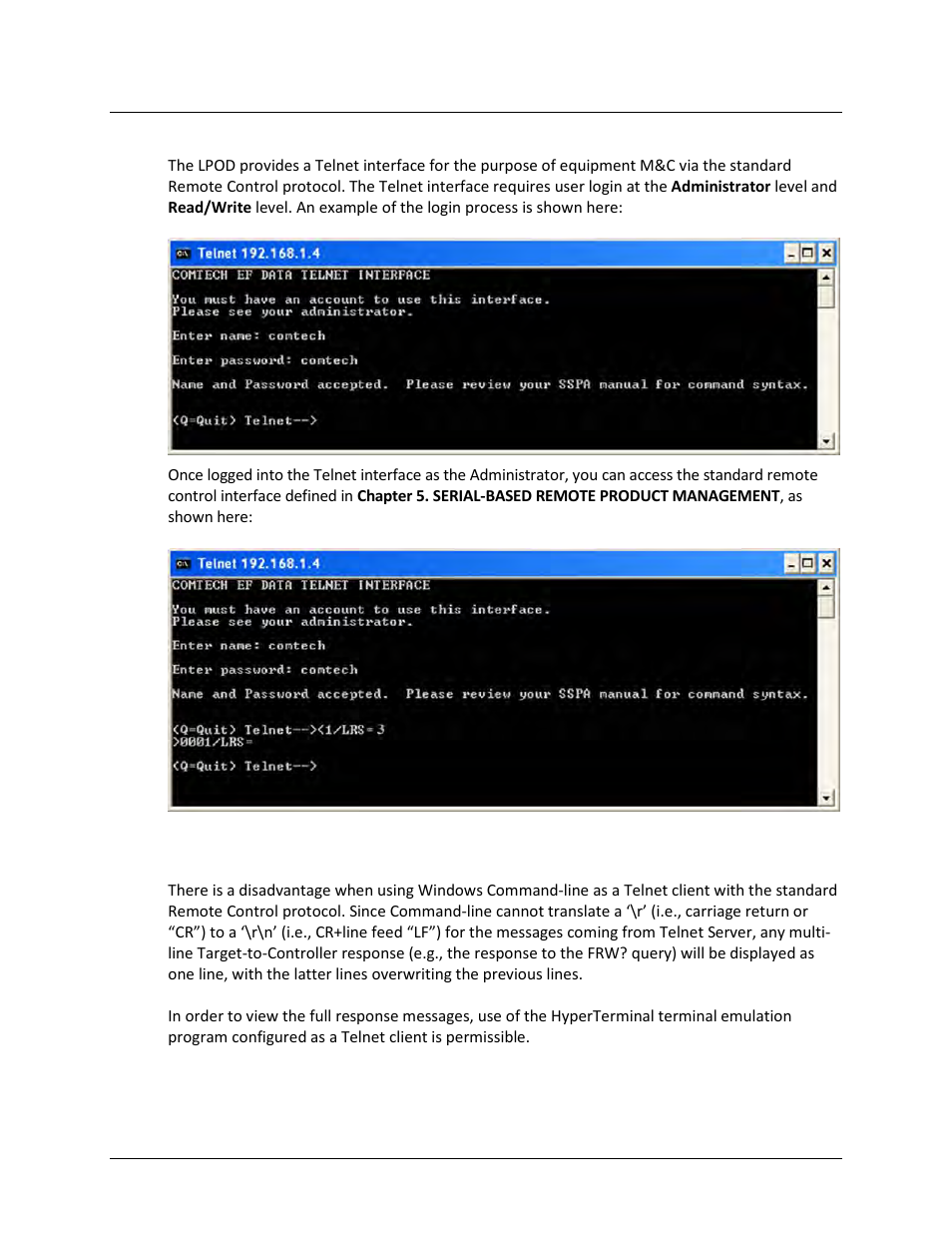 4 telnet interface | Comtech EF Data LPOD User Manual | Page 70 / 218