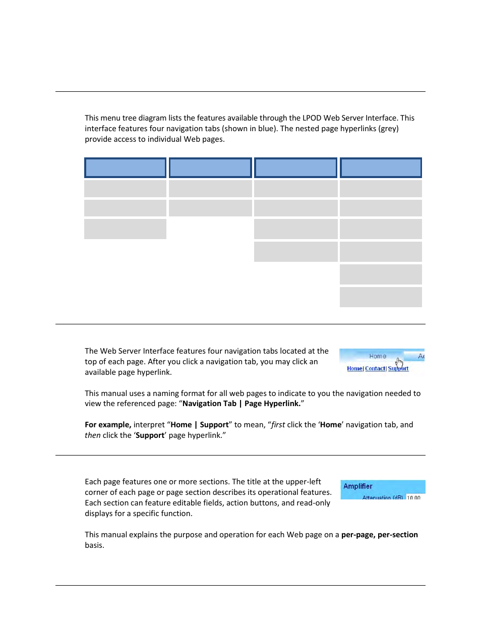 3 web server interface – operational features, 1 menu tree, 2 page navigation | Comtech EF Data LPOD User Manual | Page 74 / 218