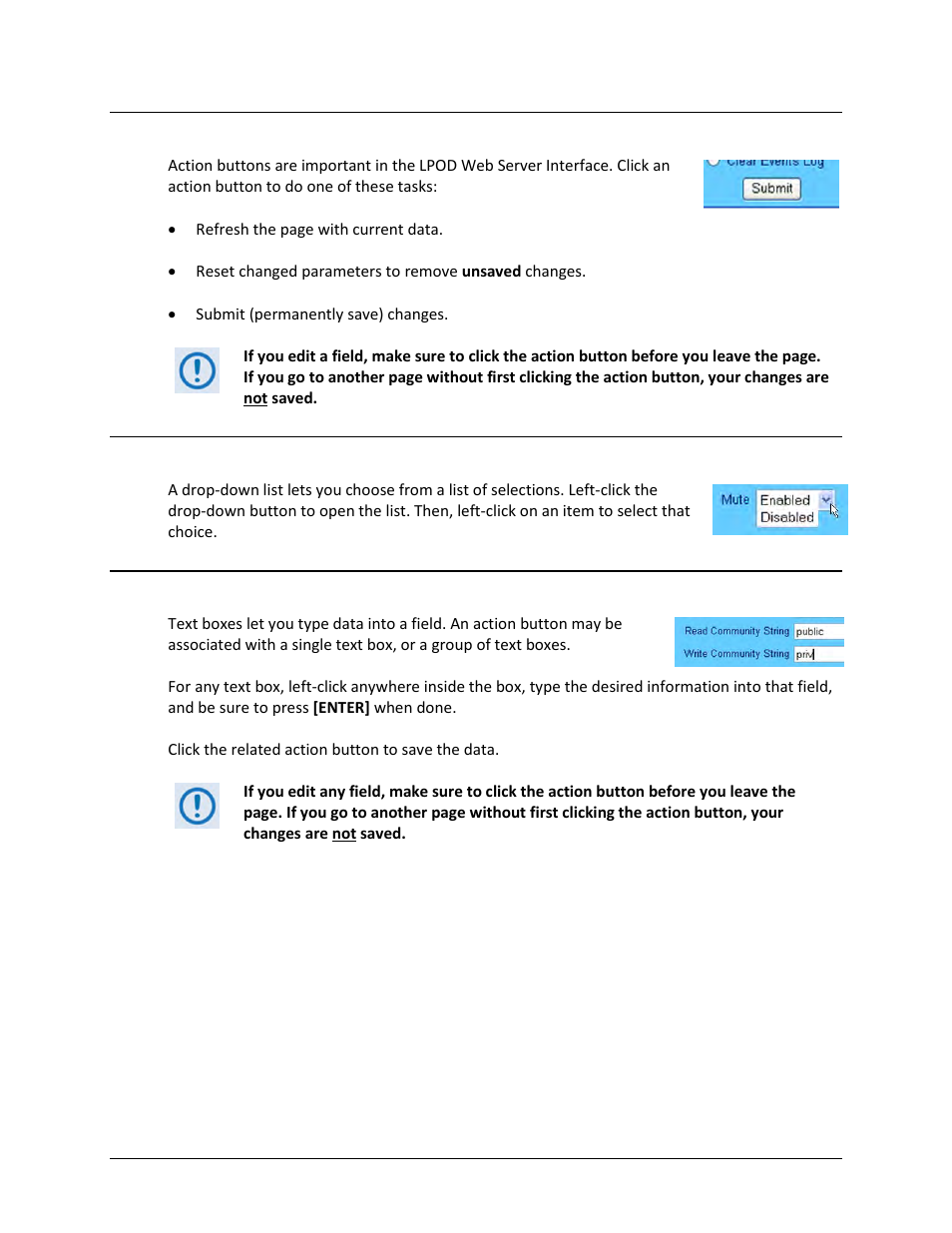 4 action buttons, 5 drop-down lists, 6 text or data entry | Comtech EF Data LPOD User Manual | Page 75 / 218