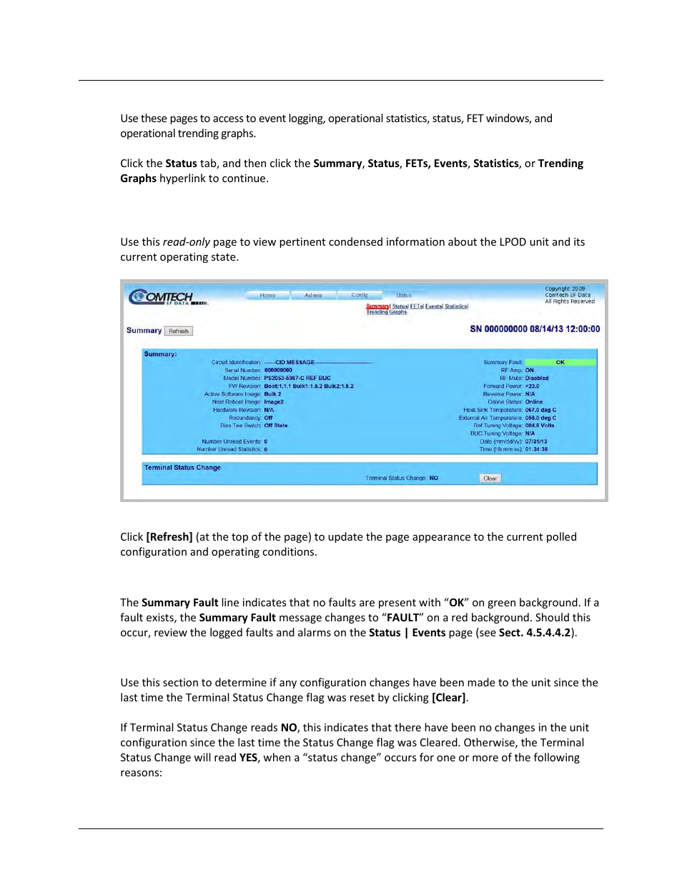 1 status | summary | Comtech EF Data LPOD User Manual | Page 88 / 218