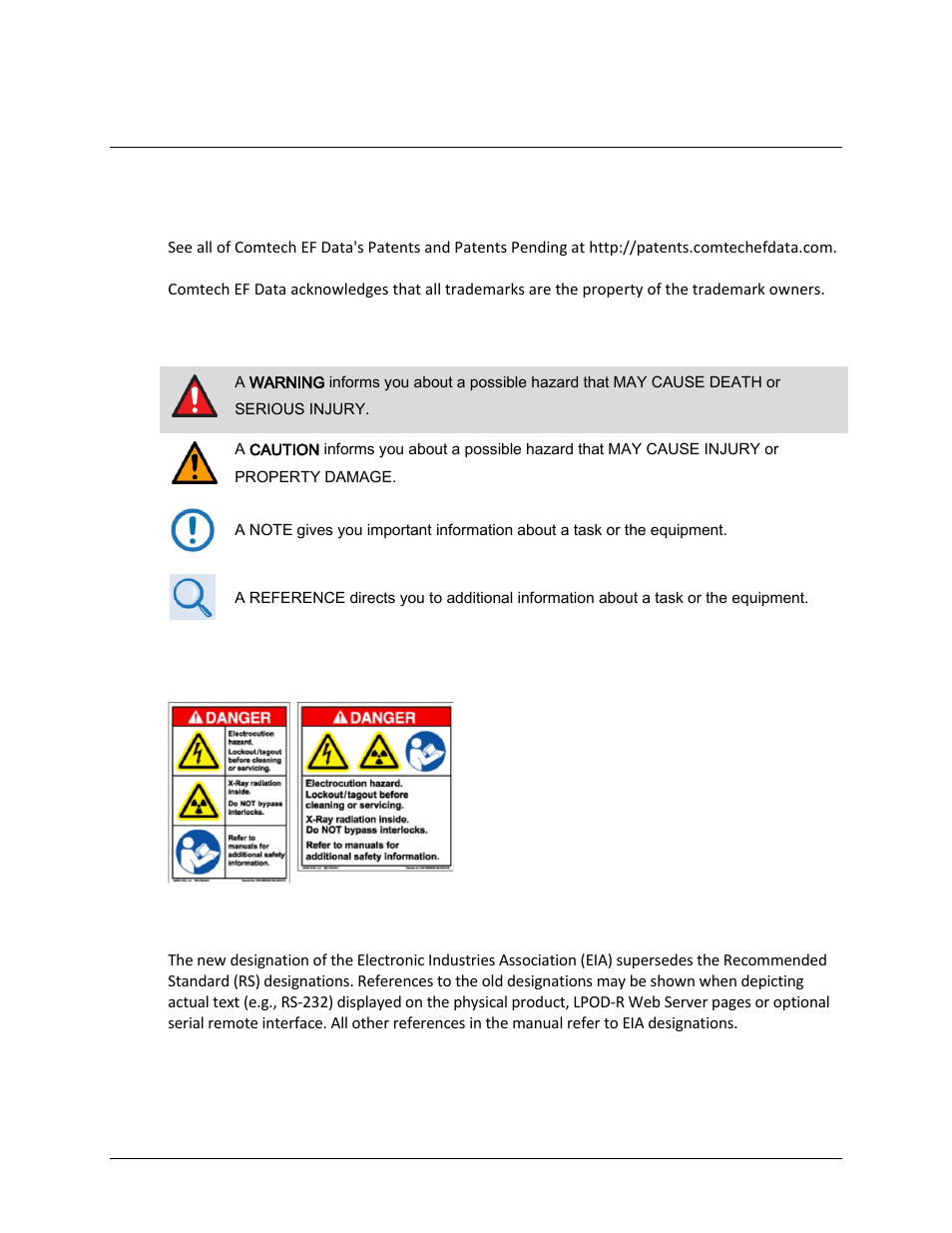 Conventions and references, Patents and trademarks, Warnings, cautions, and notes | Examples of multi-hazard notices, Recommended standard designations | Comtech EF Data LPOD-R User Manual | Page 46 / 154