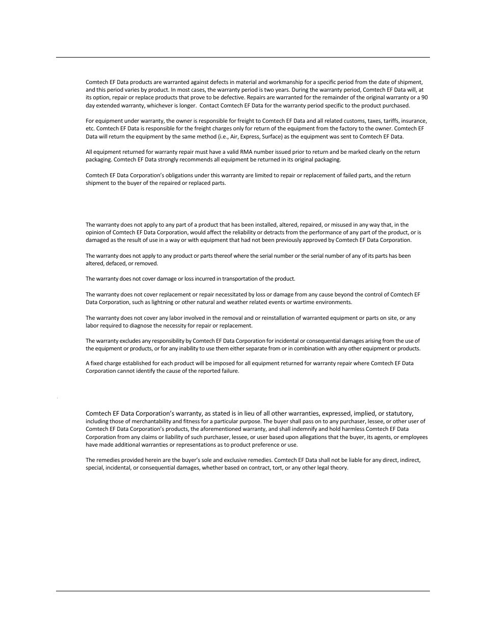 Warranty policy, Limitations of warranty, 13b13bexclusive remedies | Exclusive remedies | Comtech EF Data LPOD-R User Manual | Page 49 / 154