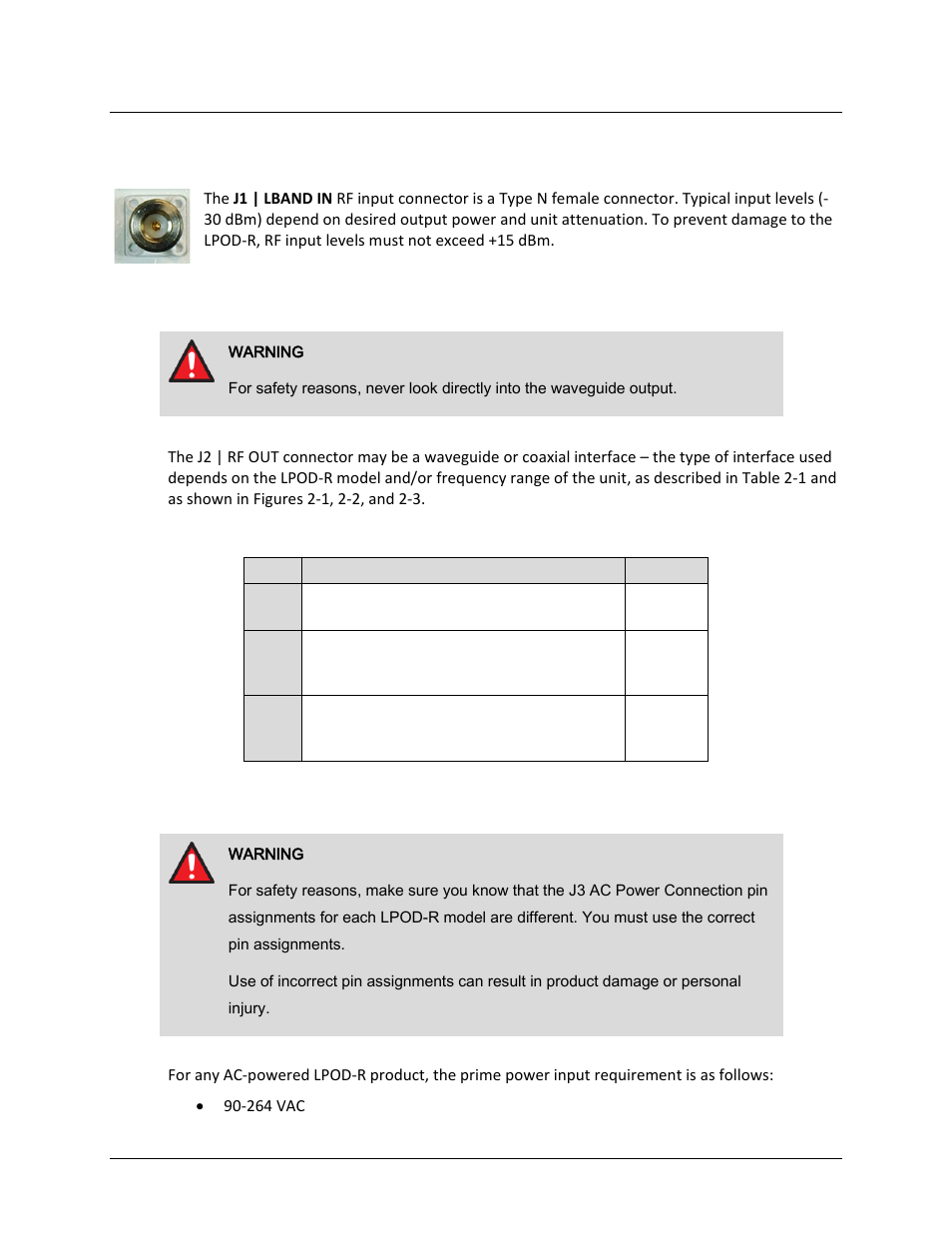 2 interface connectors, 1 connector j1 | lband in, 2 connector j2 | rf out | 3 connector j3 | power in ac power mains | Comtech EF Data LPOD-R User Manual | Page 65 / 154