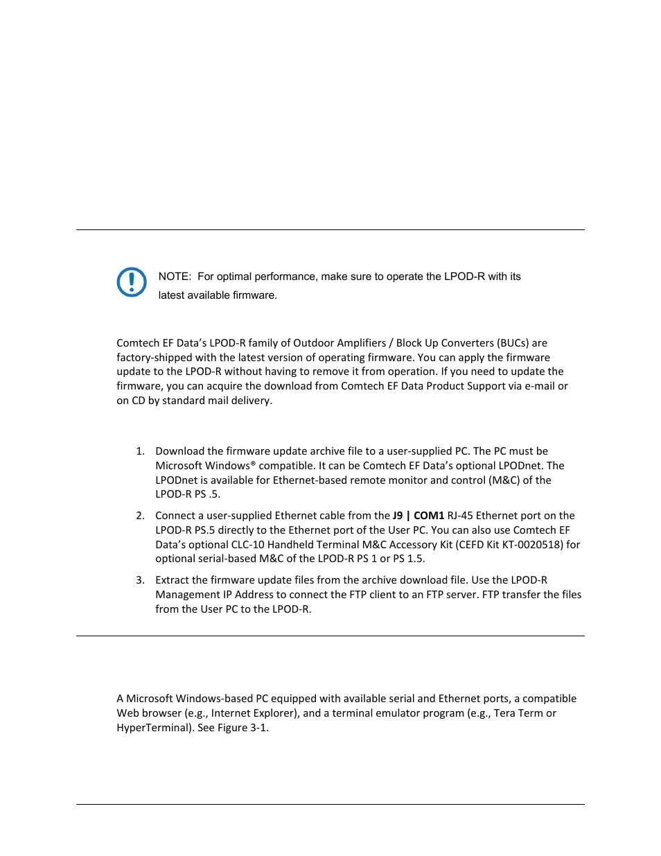 Chapter 3. updating firmware, 1 introduction, 1 lpod-r firmware update process summary | 2 prepare for the firmware download, 1 required user-supplied items | Comtech EF Data LPOD-R User Manual | Page 75 / 154