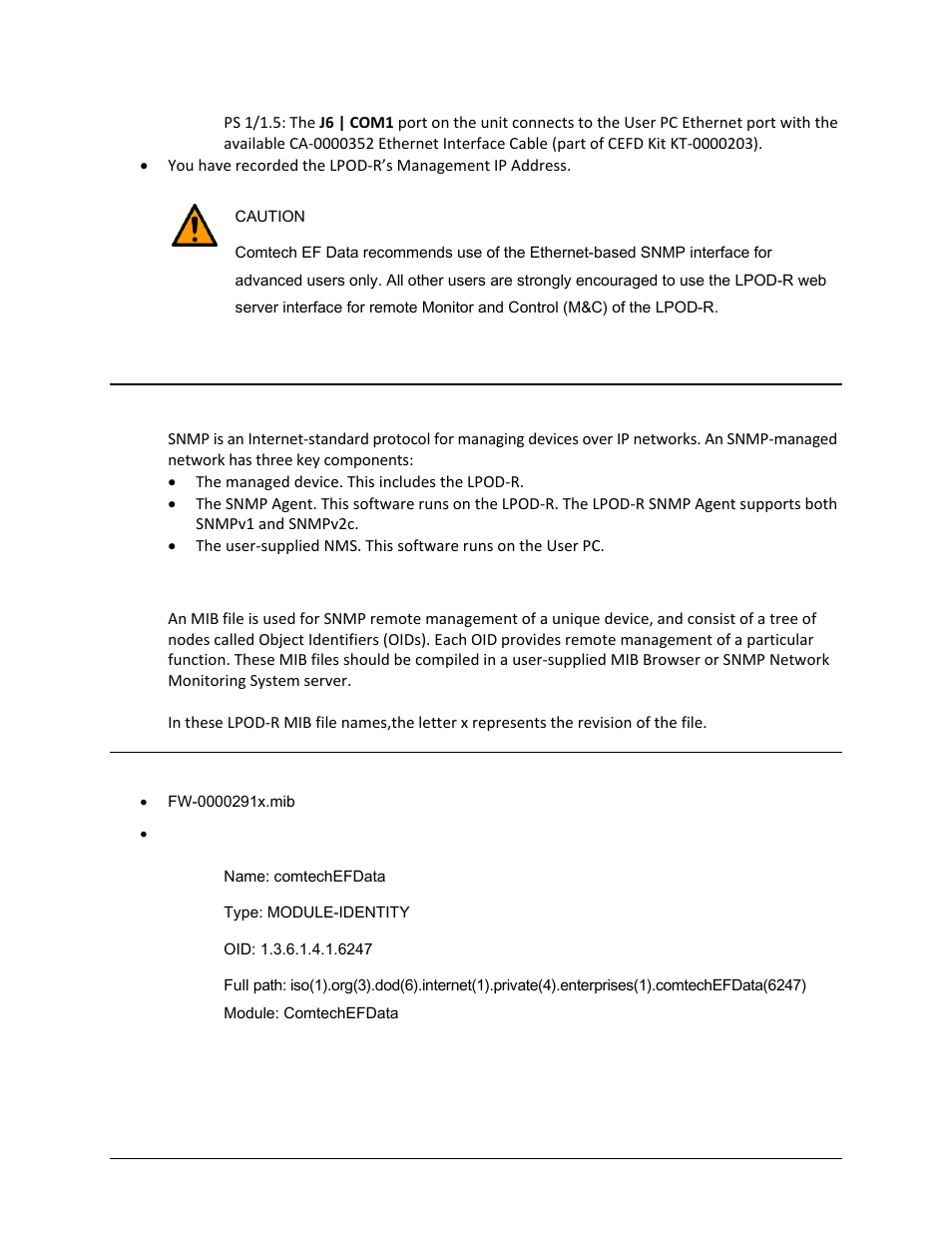 2 snmp interface, 1 management information base (mib) files, 1 comtechefdata root mib file | Comtech EF Data LPOD-R User Manual | Page 88 / 154