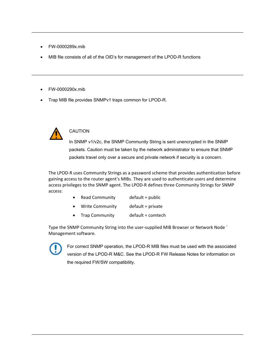 2 lpodr mib file, 3 lpodr traps mib file, 2 snmp community strings | 2 lpod-r mib file, 3 lpod-r traps mib file | Comtech EF Data LPOD-R User Manual | Page 89 / 154