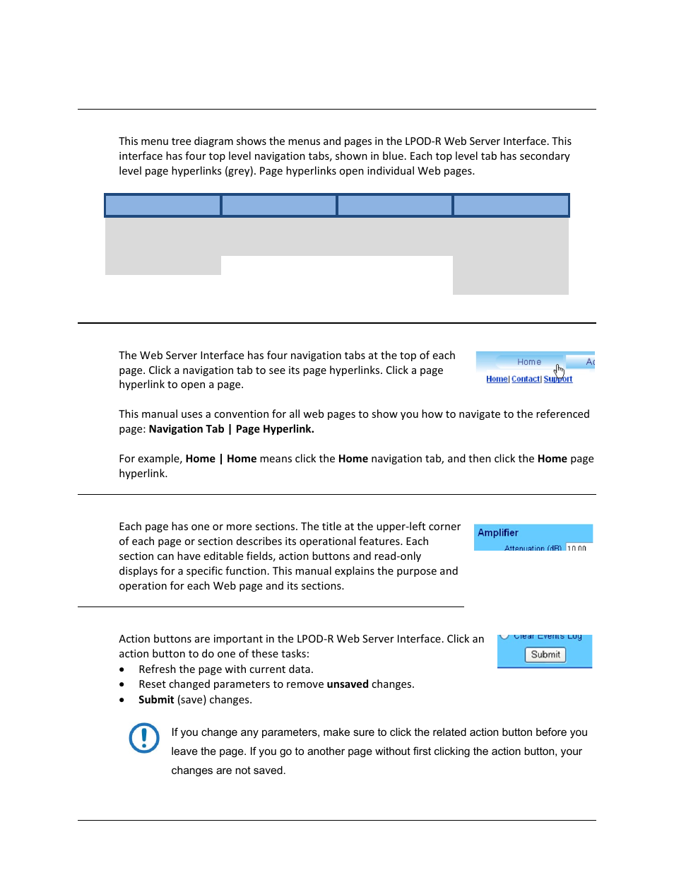 3 web server interface operation, 1 menu tree, 4 action buttons | 2 page navigation | Comtech EF Data LPOD-R User Manual | Page 95 / 154