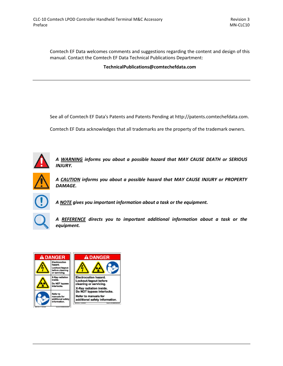 Conventions and references, Patents and trademarks, Warnings, cautions and notes | Examples of multi-hazard notices | Comtech EF Data CLC-10 User Manual | Page 10 / 70