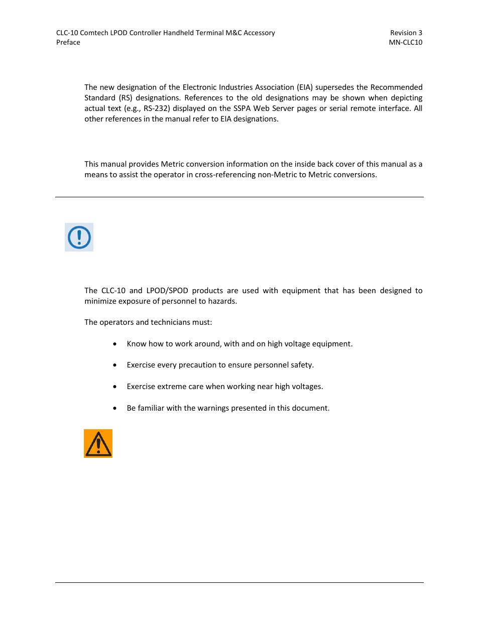 Recommended standard designations, Metric conversion, Electrical safety notifications | Safety notice | Comtech EF Data CLC-10 User Manual | Page 11 / 70