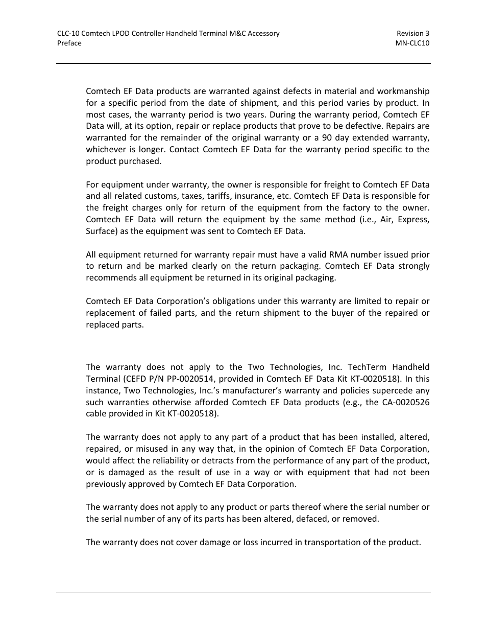 Warranty policy, Limitations of warranty | Comtech EF Data CLC-10 User Manual | Page 13 / 70