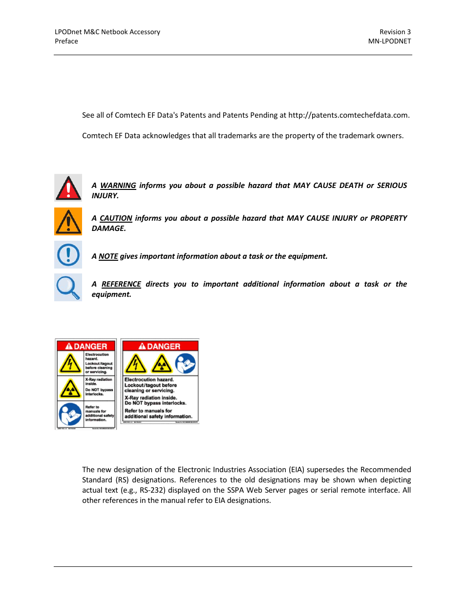 Conventions and references, Patents and trademarks, Warnings, cautions and notes | Examples of multi-hazard notices, Recommended standard designations | Comtech EF Data LPODnet User Manual | Page 10 / 60