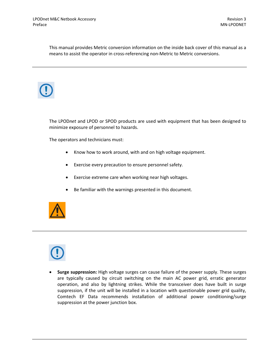 Metric conversion, Electrical safety notifications, Safety notice | Comtech EF Data LPODnet User Manual | Page 11 / 60